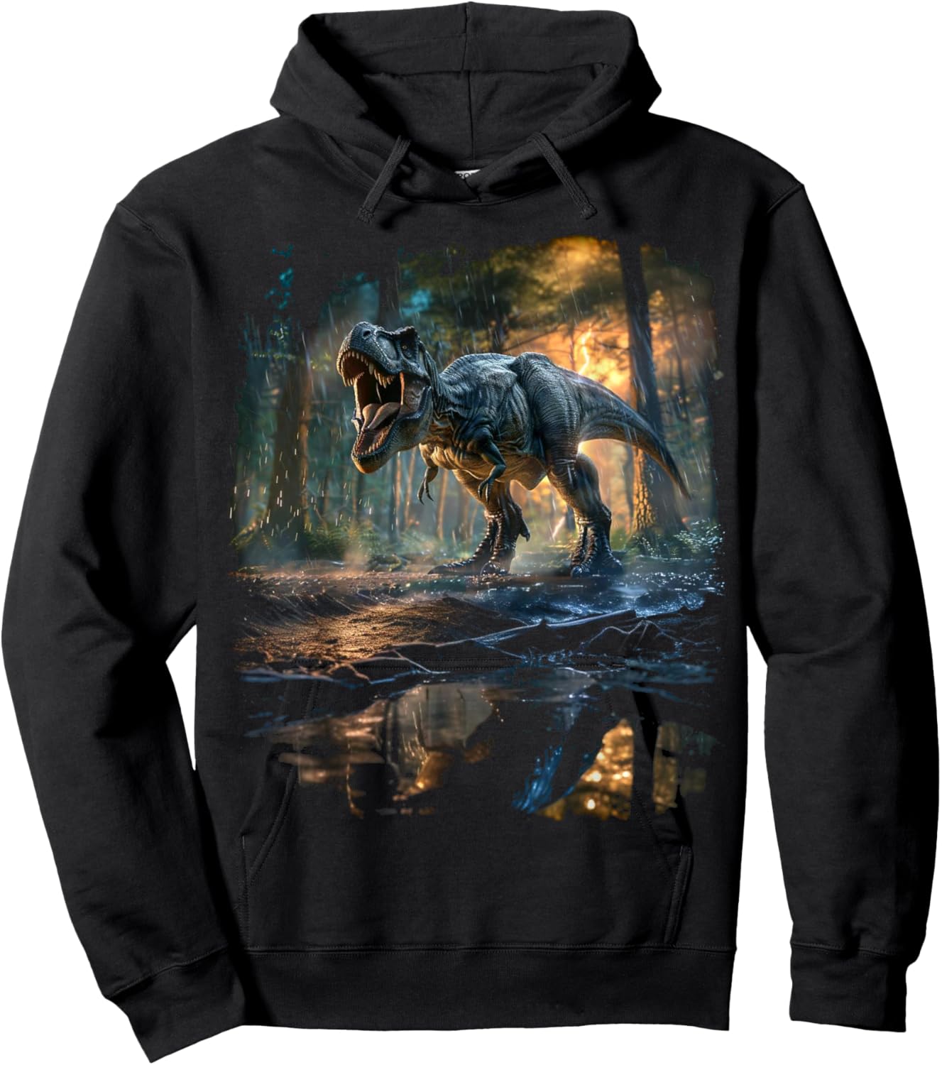 T-Rex Dinosaur Roaring at Night Realistic Graphic Design , black, S Hoodie - Hoodie | Black