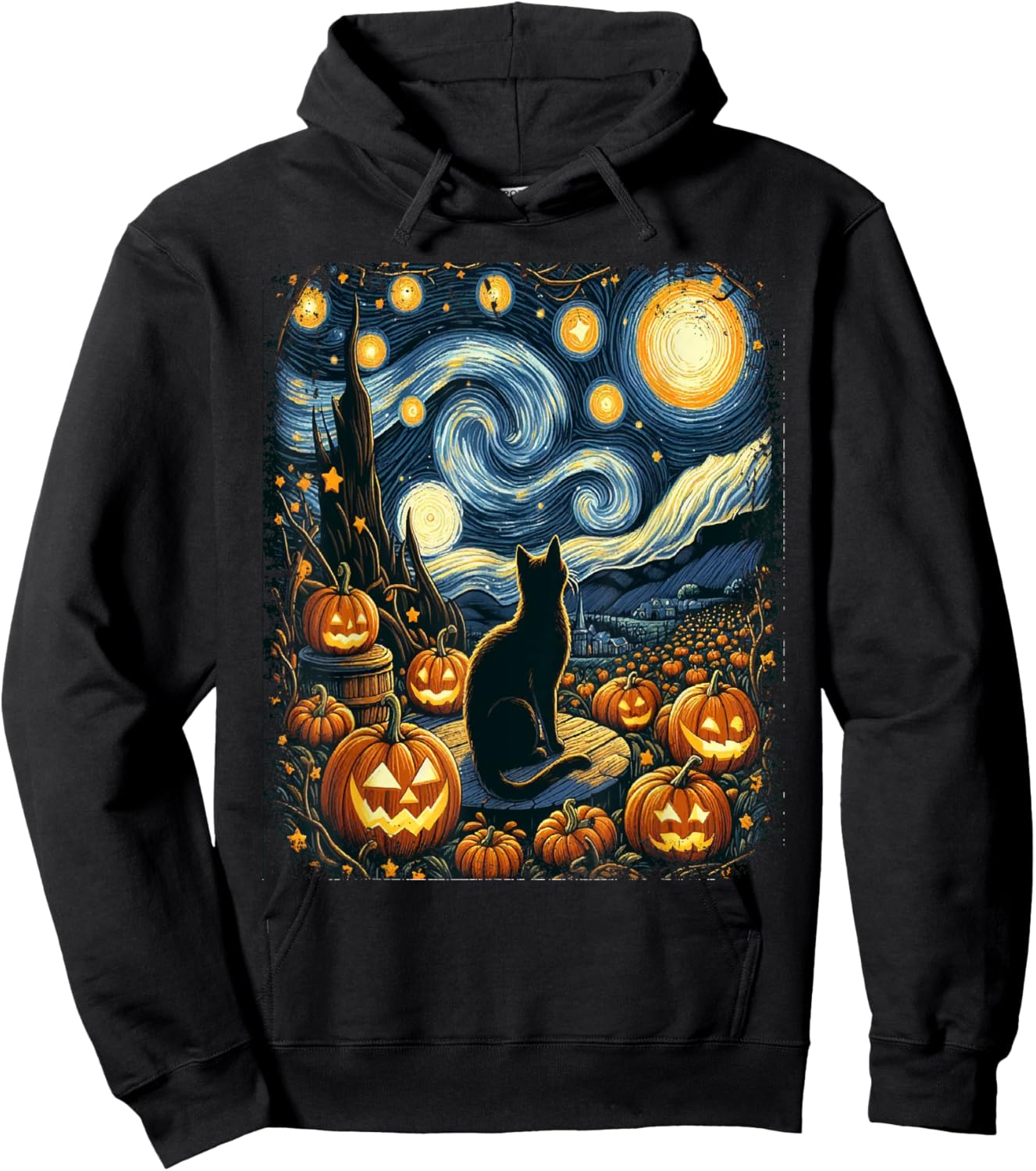 Halloween Van Gogh Starry Night Black Cat Pumpkins Men Women Kids Hoodie - Hoodie | Black
