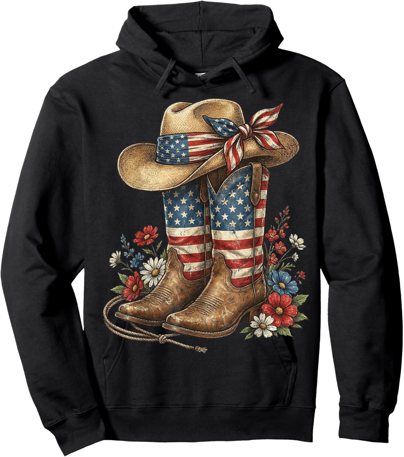 Western Cowboy Boots USA Flag 4th of July Patriotic Cowgirl Hoodie - Hoodie | Black
