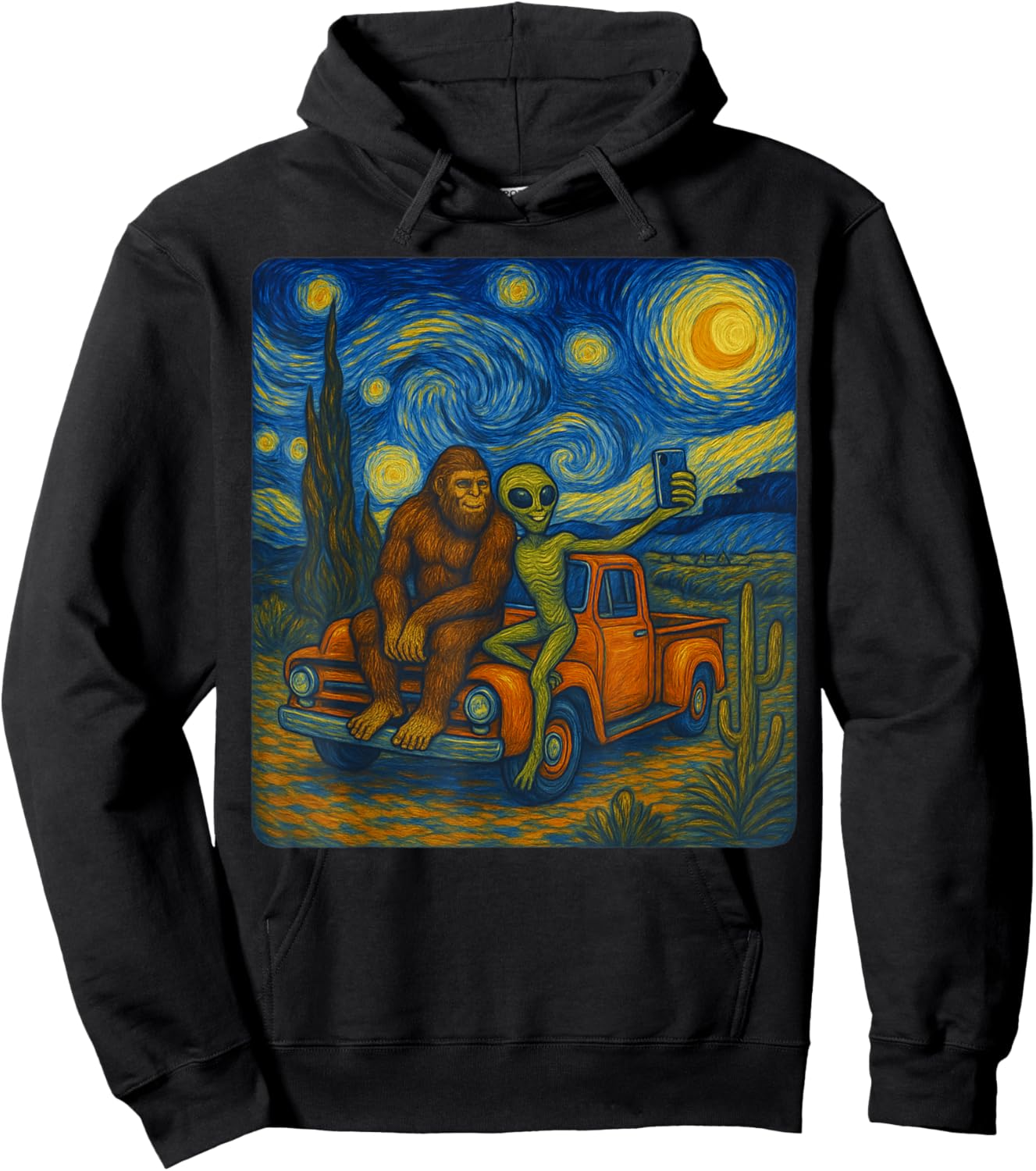 Starry Night Bigfoot & Alien Van Gogh Art Inspired Hoodie - Hoodie | Black