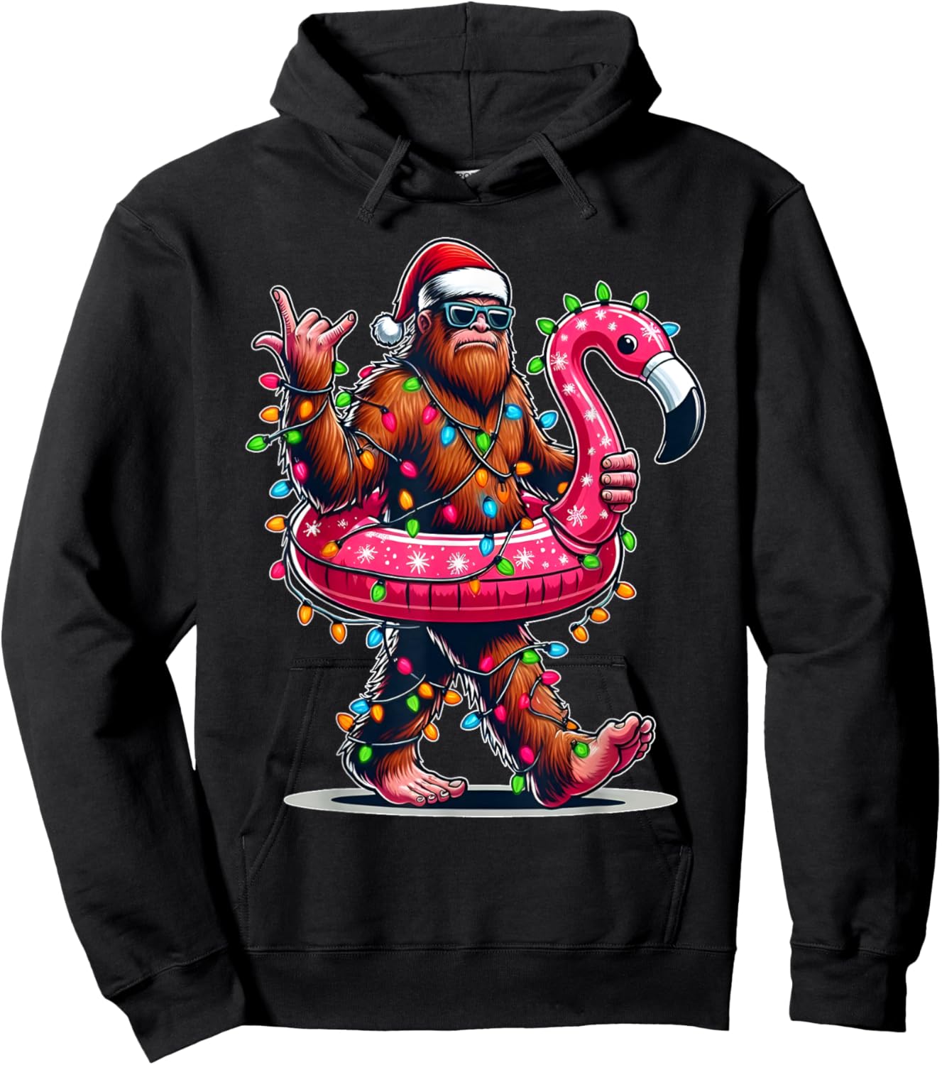 Santa Bigfoot Flamingo Christmas Light Funny Rock Sasquatch Hoodie - Hoodie | Black