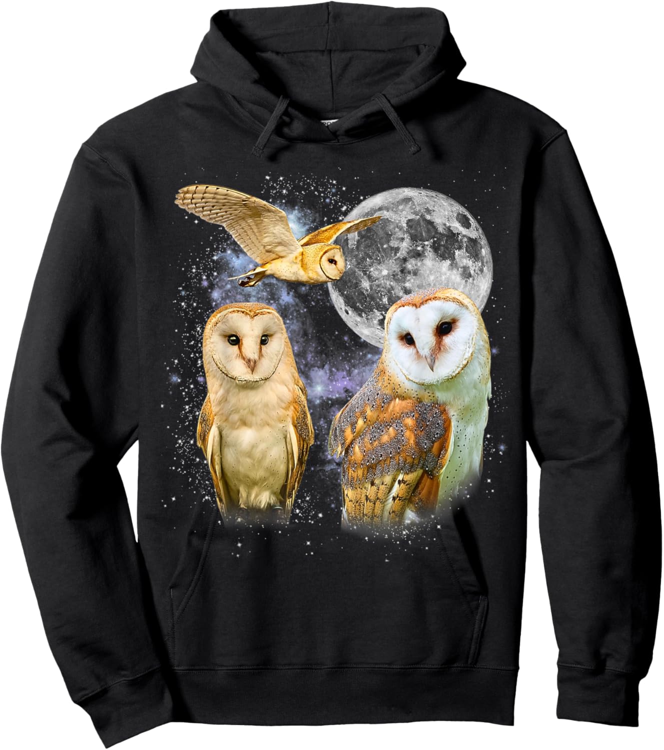 Three Barn Owl Moon Retro Graphic 90s Vintage Hoodie - Hoodie | Black