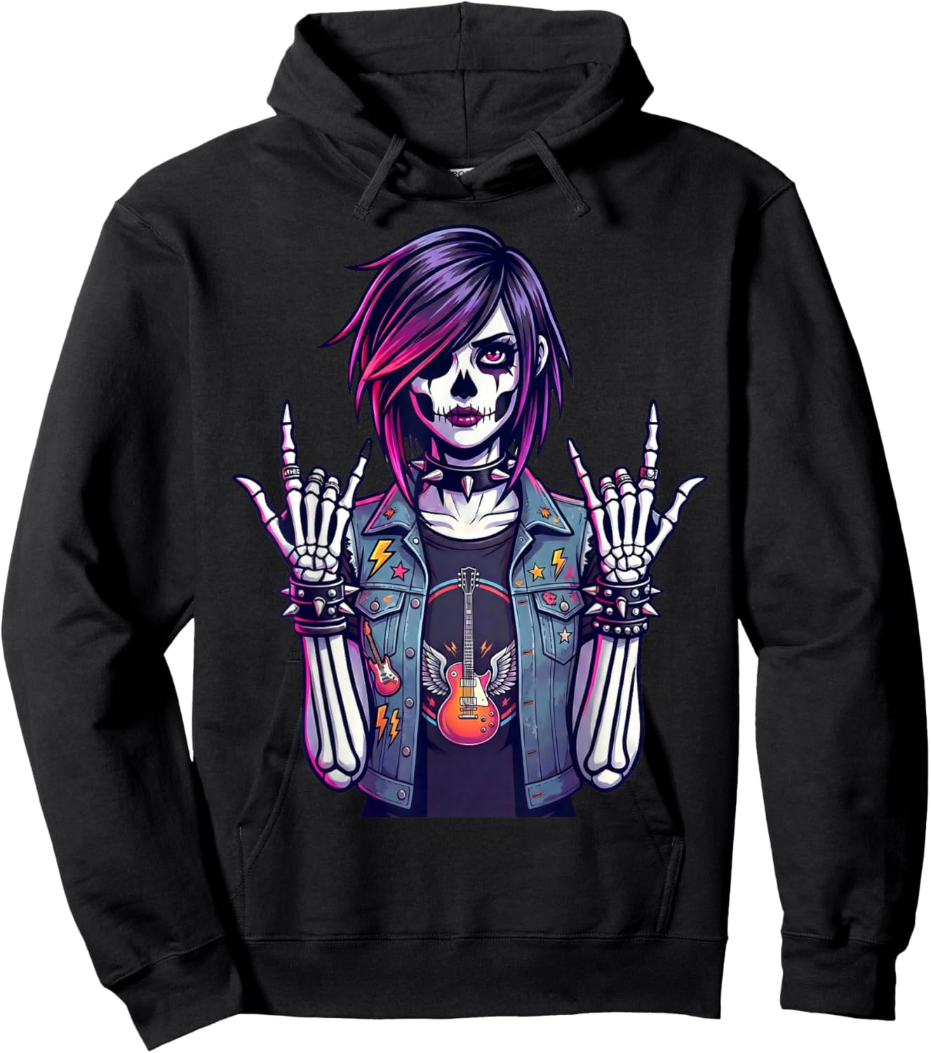 Goth Skeleton Girl Rock Guitar Punk Skull Art Rock'n Roll Hoodie - Hoodie | Black
