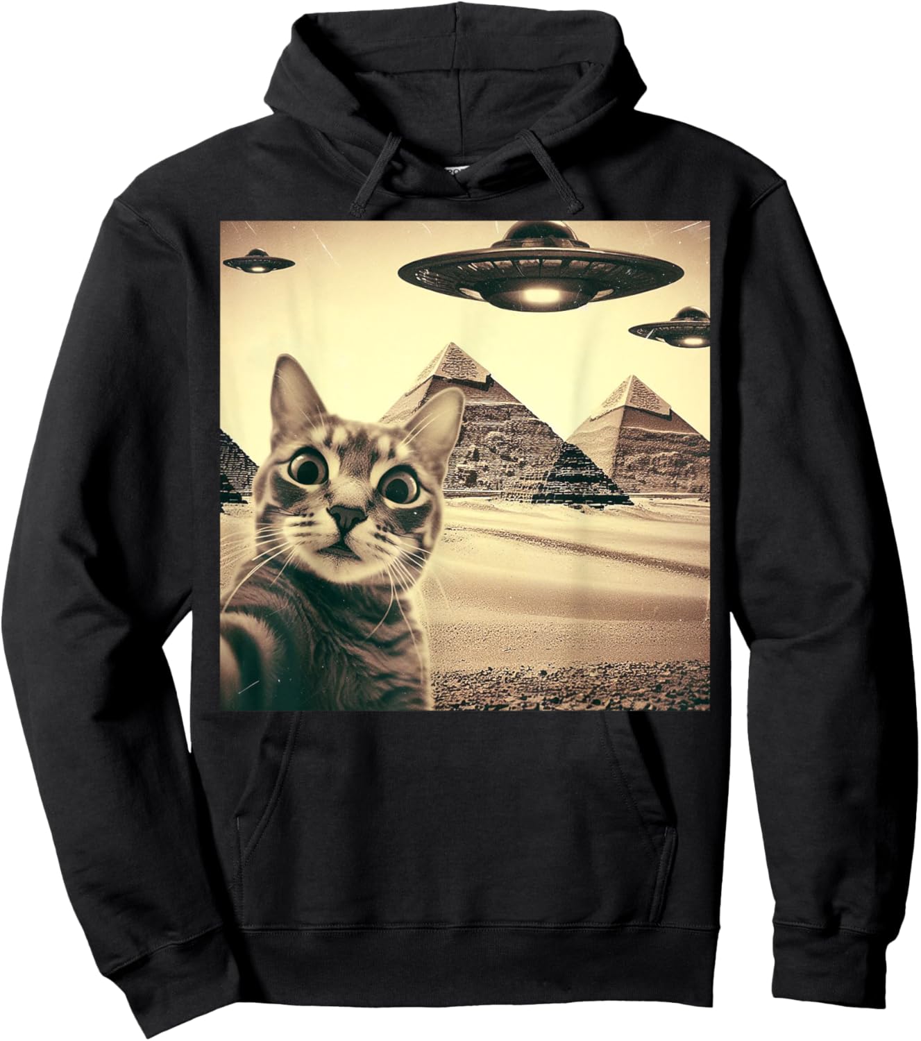Cat Selfie With Alien UFO Funny Cat Gifts Women Kid Hoodie - Hoodie | Black
