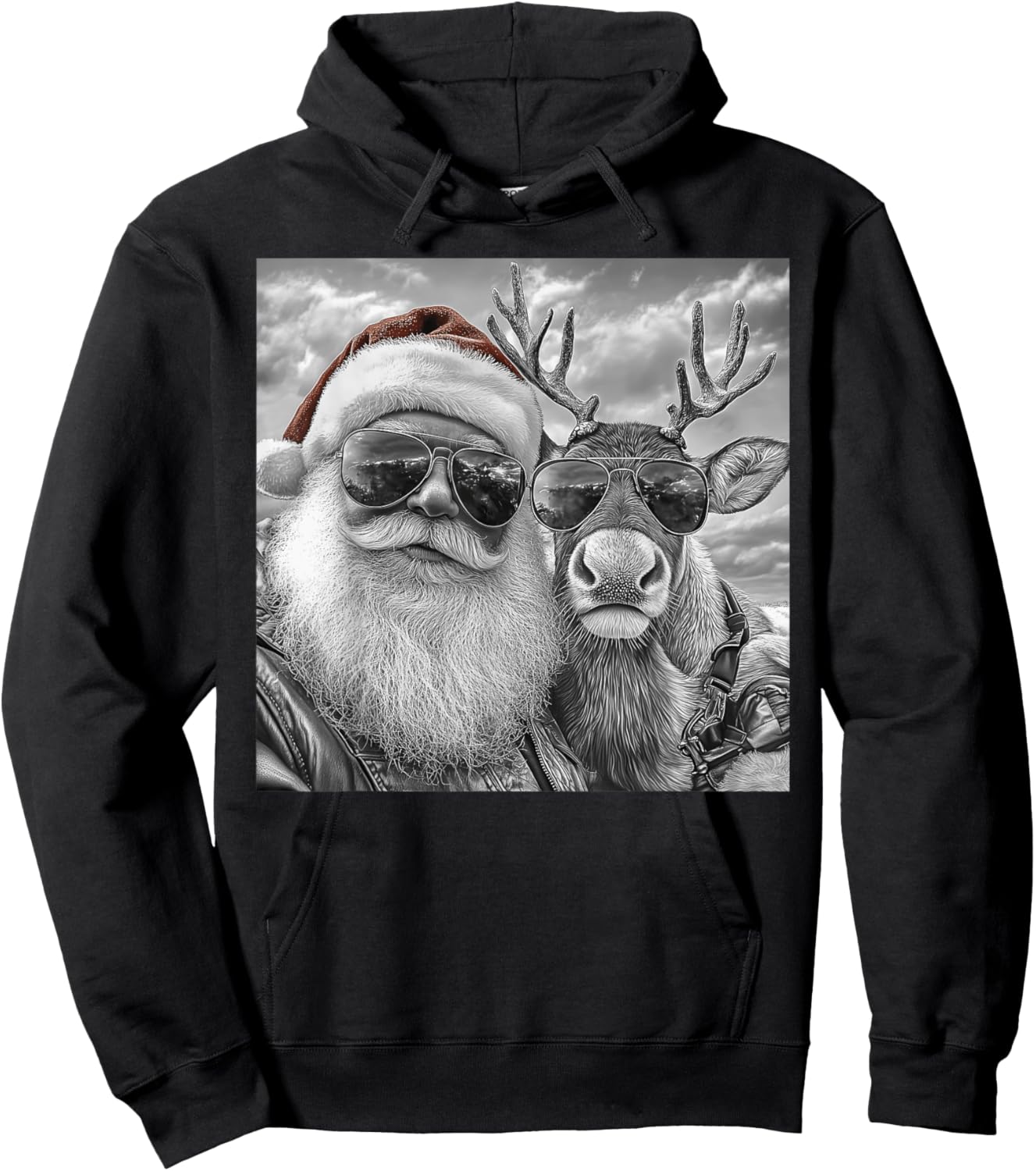 Funny Santa Claus Reindeer Selfie, Cool Retro Christmas Hoodie - Hoodie | Black