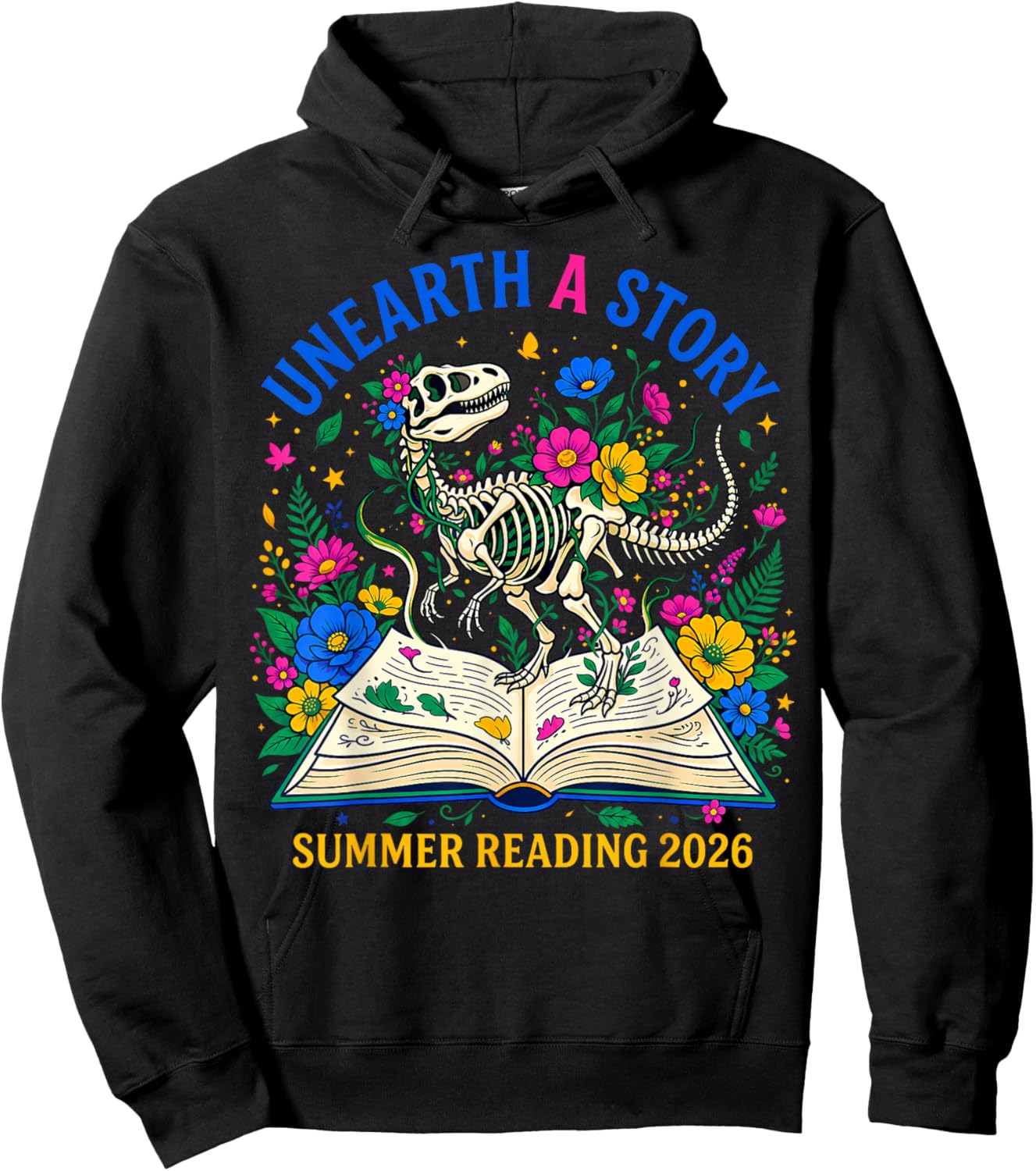 Unearth a Story Summer Library Reading 2026 Dino Skeleton Hoodie - Hoodie | Black