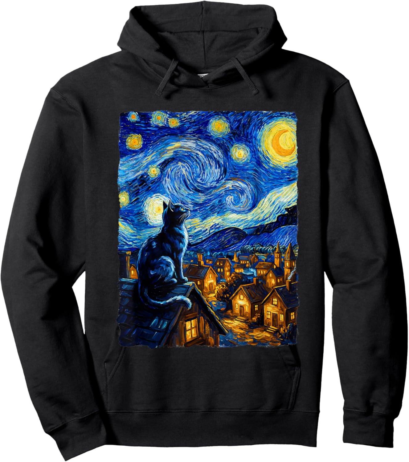 Cat Starry Night Van Gogh Cat for Cat Lover Cat Mom Cat Dad Hoodie - Hoodie | Black