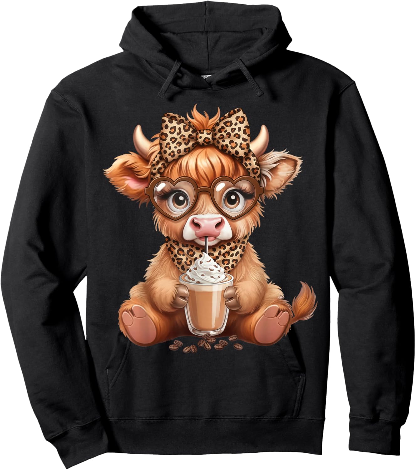 Cute Highland Cow Coffee Latte Lover Leopard Bow Glasses Hoodie - Hoodie | Black