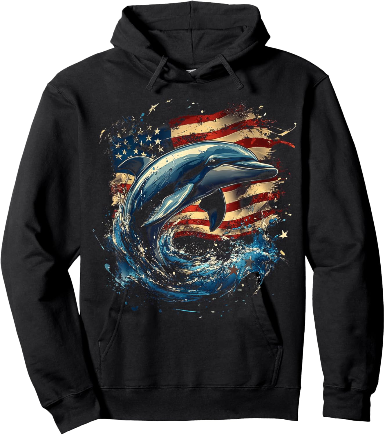 Patriotic Dolphin with American Flag Design Hoodie - Hoodie | Black