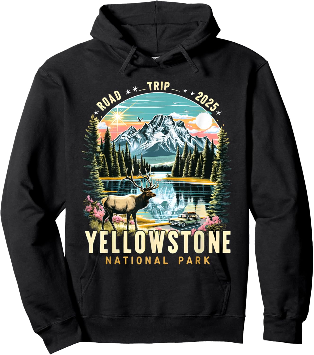 Yellowstone Road Trip 2025 Nature Adventure Souvenir Graphic Hoodie - Hoodie | Black