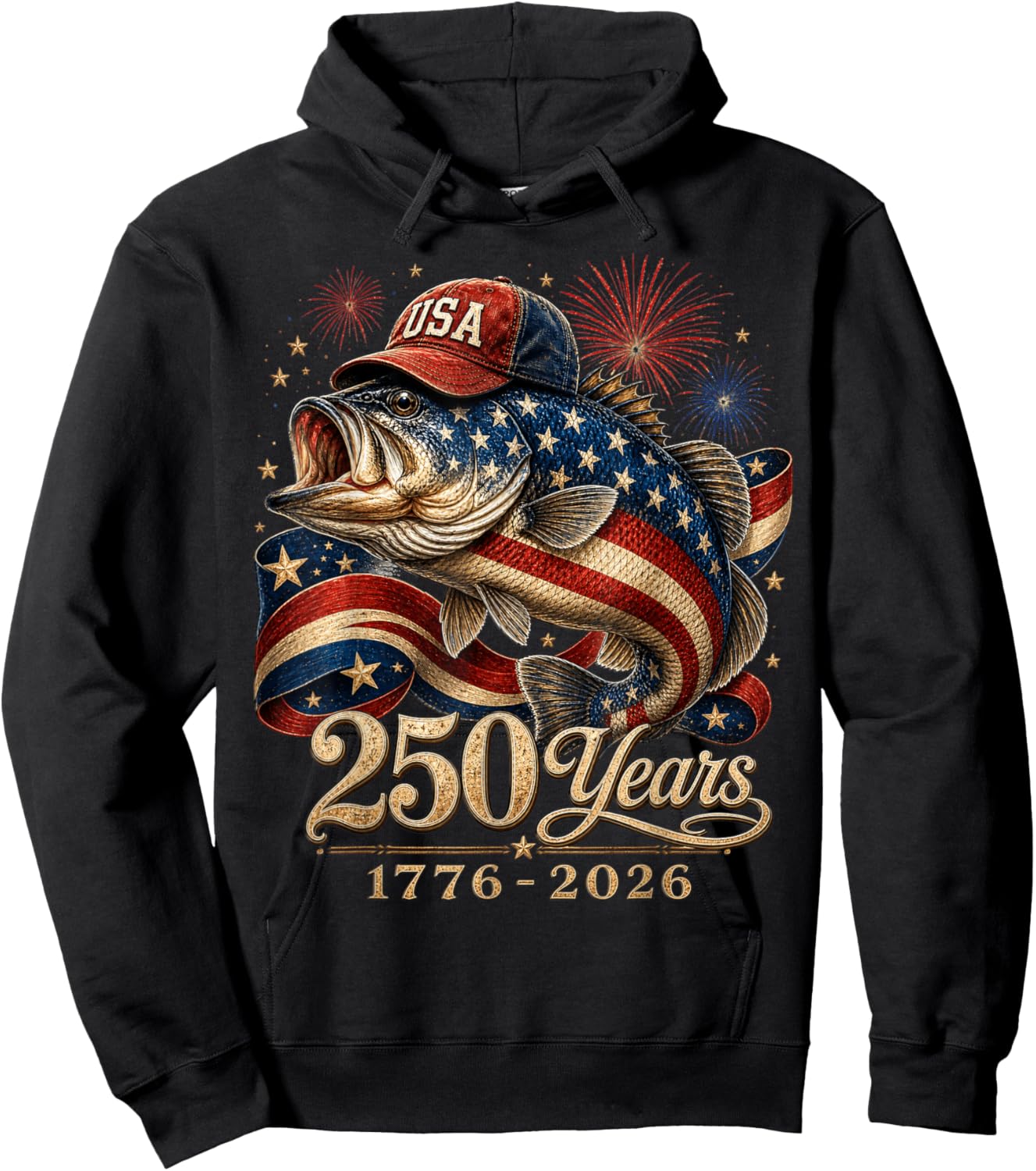 250 America 1776 2026 Bass Fishing USA Flag 250th Birthday Hoodie - Hoodie | Black