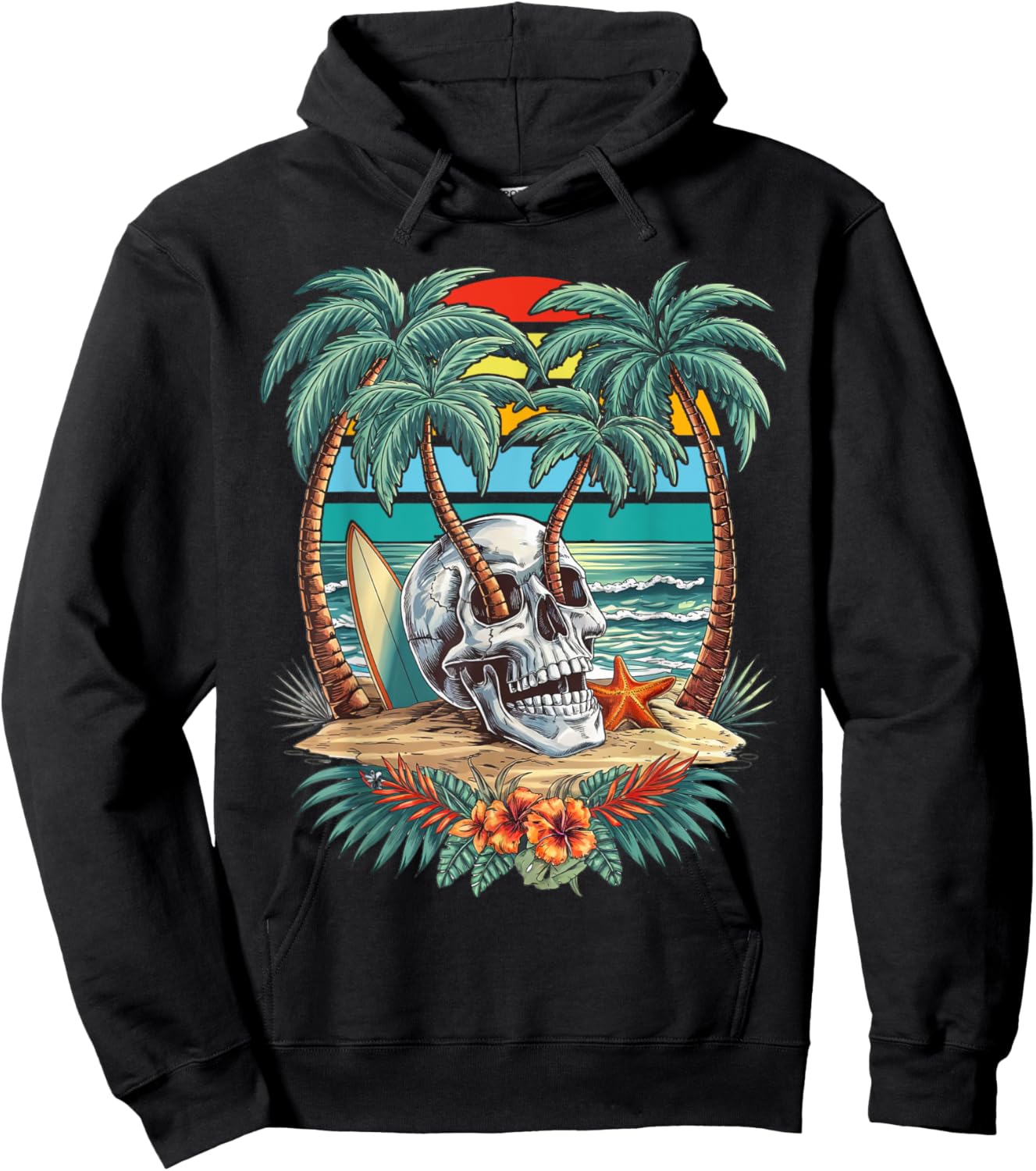 Vintage Palm Tree Skull Summer Beach Men Motorcycle Tattoo Hoodie - Hoodie | Black
