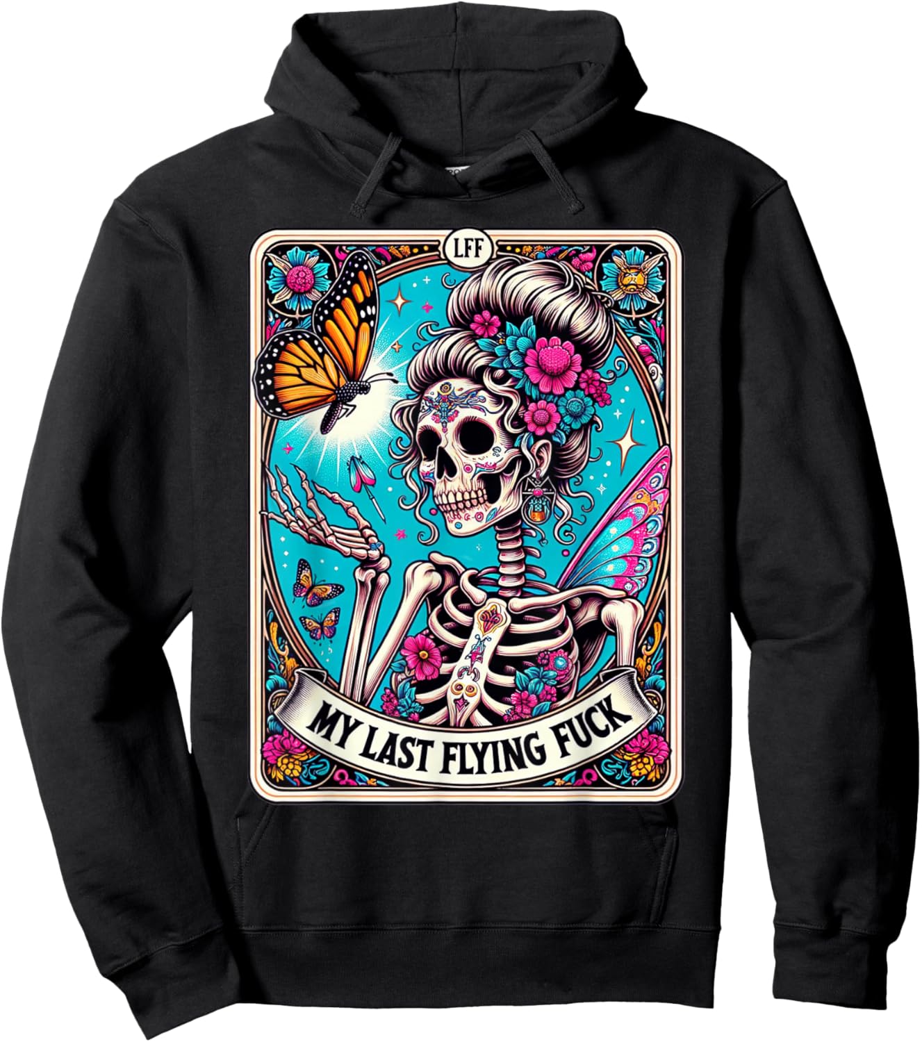 My Last Flying, Funny Sayings Skeleton Retro 70s Tarot Card Hoodie - Hoodie | Black