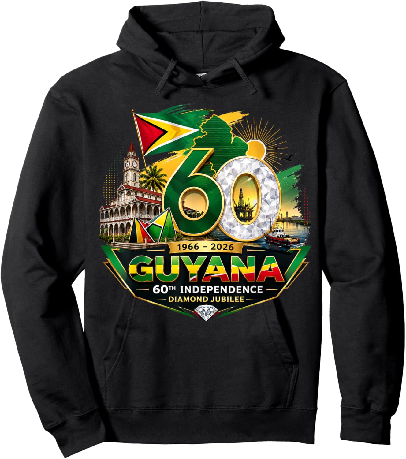Celebrating 60 Years of Independence Guyana Diamond Jubilee Hoodie - Hoodie | Black