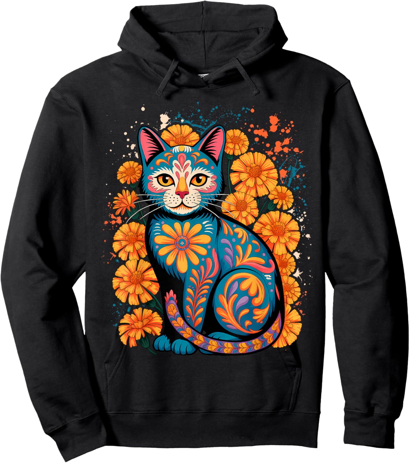 Alebrije Cat Flower Mexican Folk Art Sugar Skull Cute Kitten Hoodie - Hoodie | Black