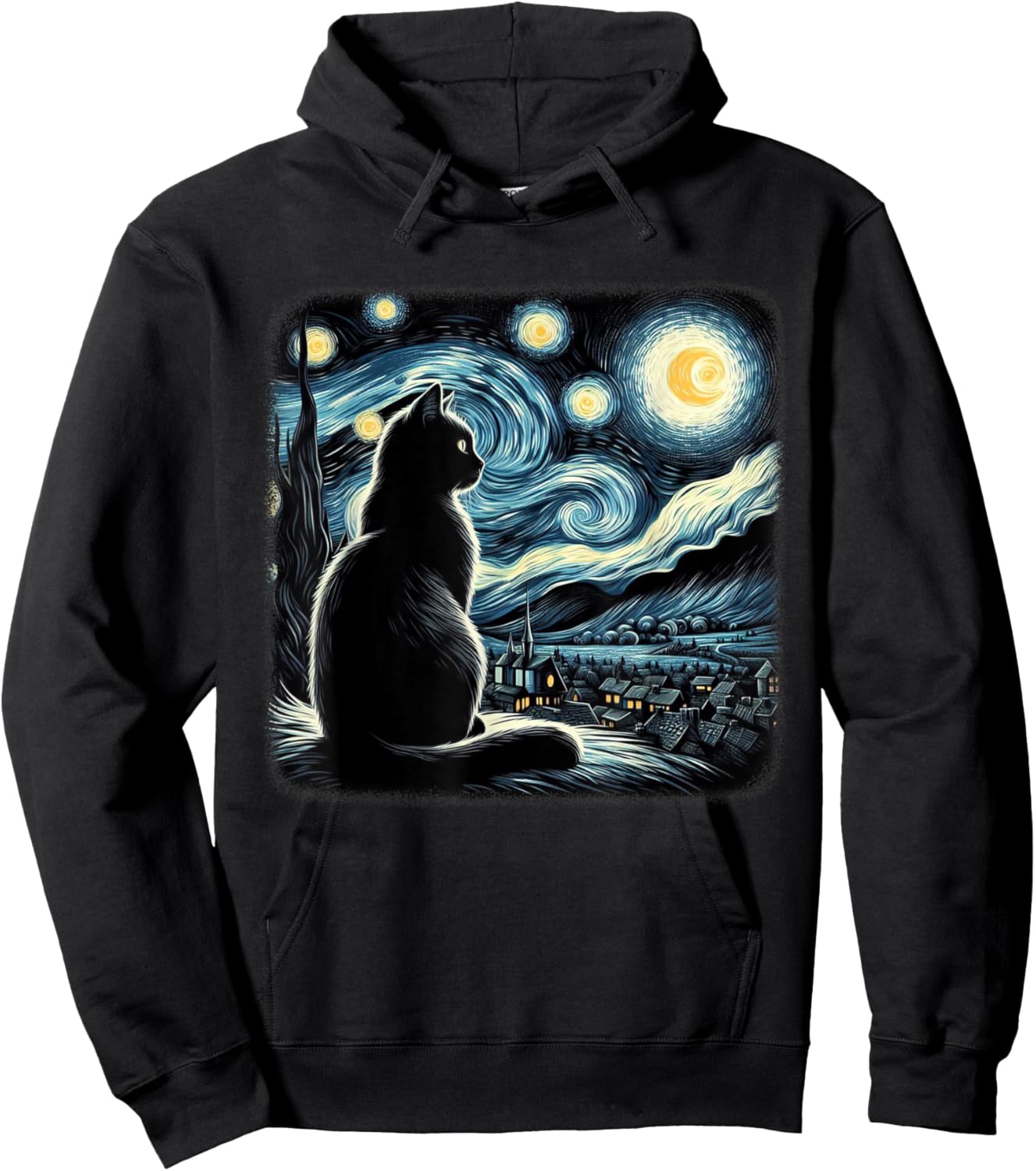 Van Gogh Starry Night Cat Art For Cat Lovers Cat Mom Cat Dad Hoodie - Hoodie | Black