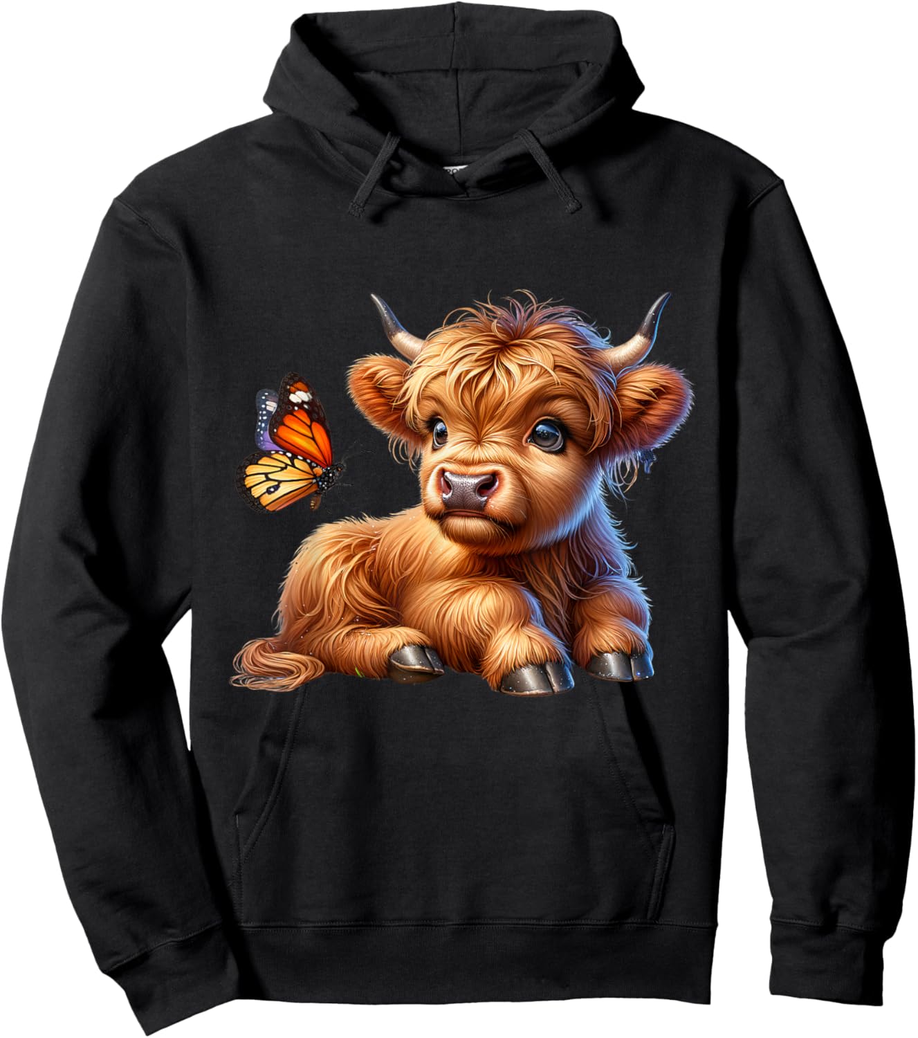 Cow, Scottish Highland Cow with Butterfly, Highland Cow Hoodie - Hoodie | Black