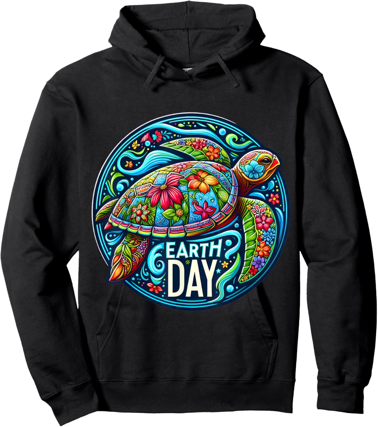 Floral Sea Turtle Earth Day Planet Art Animal Lover Artistic Hoodie - Hoodie | Black