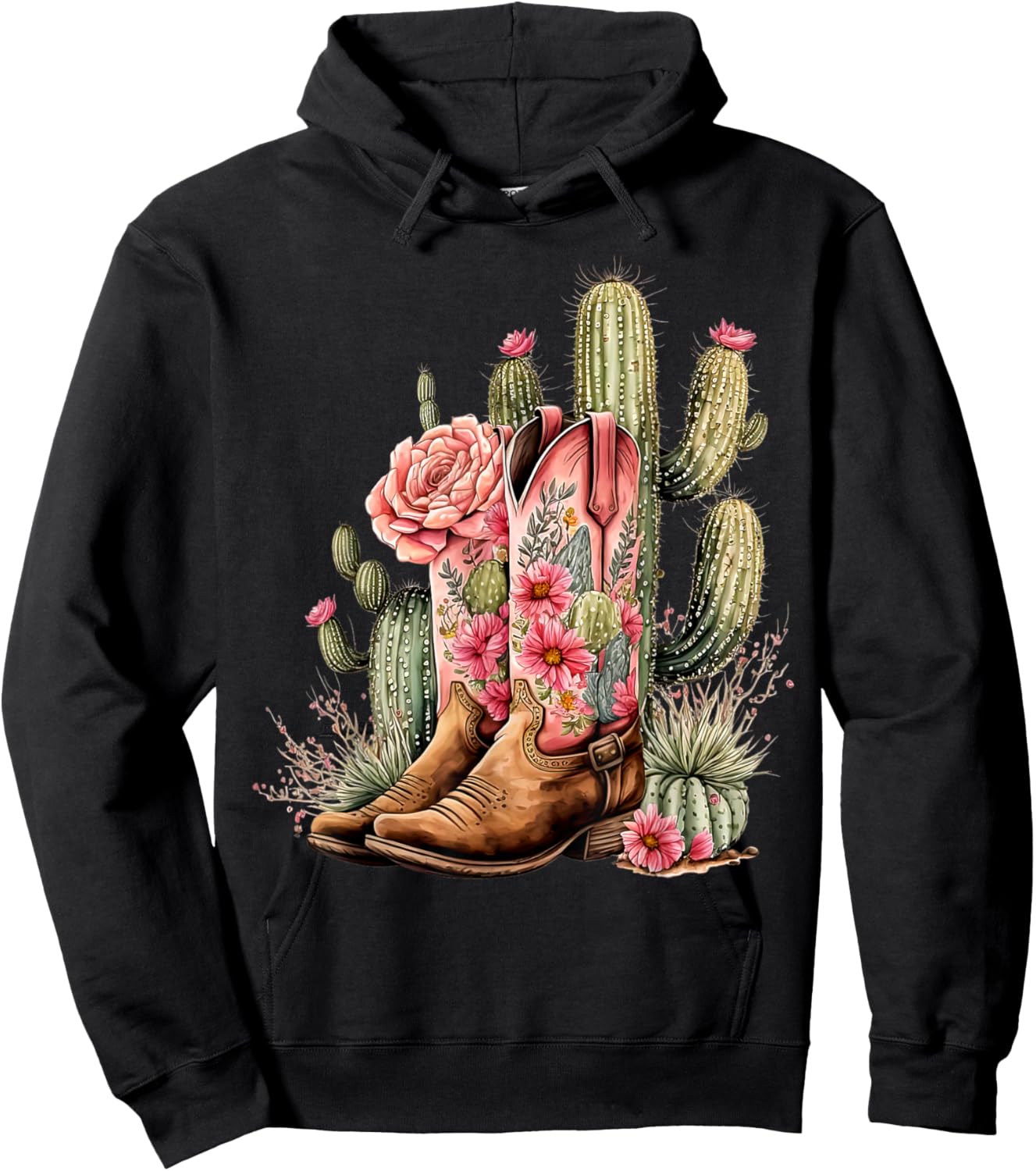 Retro Cowgirl Boots Floral Cactus Western Flower Teen Girls Hoodie - Hoodie | Black