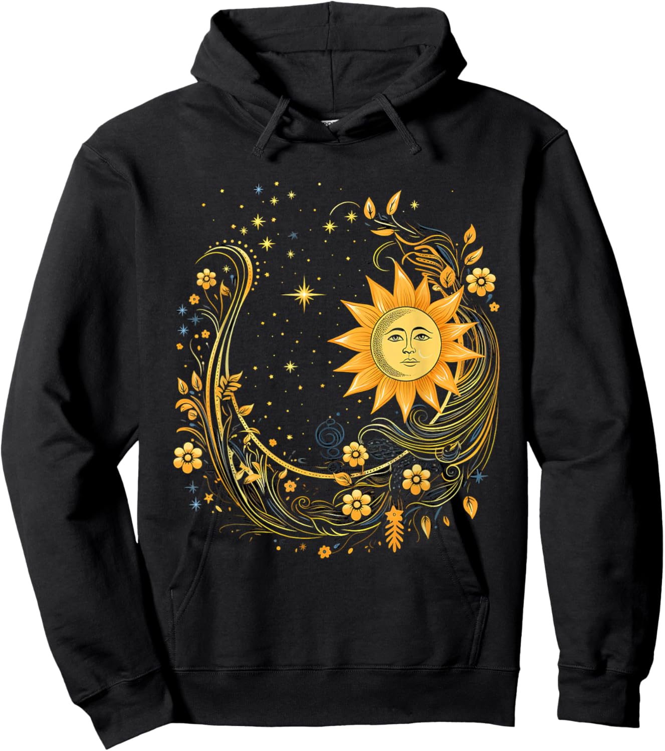 Mystical Sun and Moon with Woman Mystical Flowers Aesthetic Hoodie - Hoodie | Black