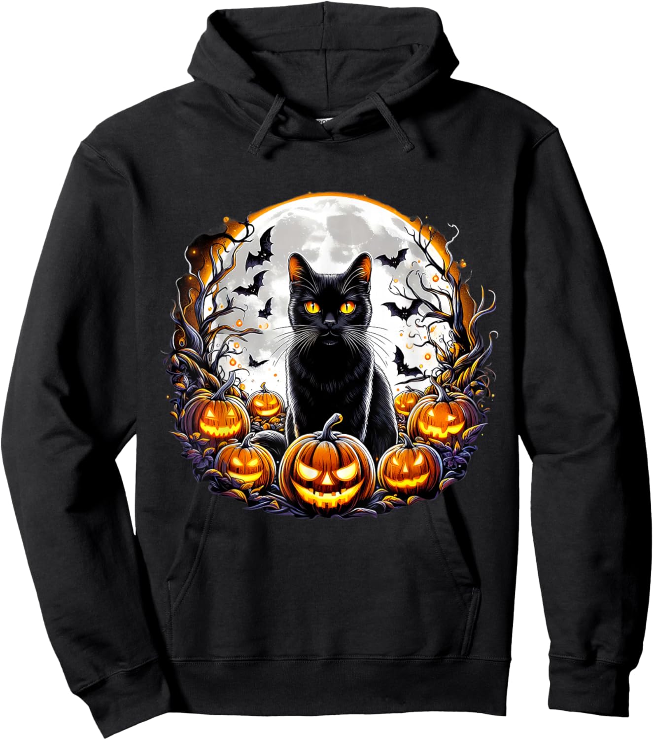 Black Cat Halloween Full Moon Bat Pumpkin Night Scary Women Hoodie - Hoodie | Black