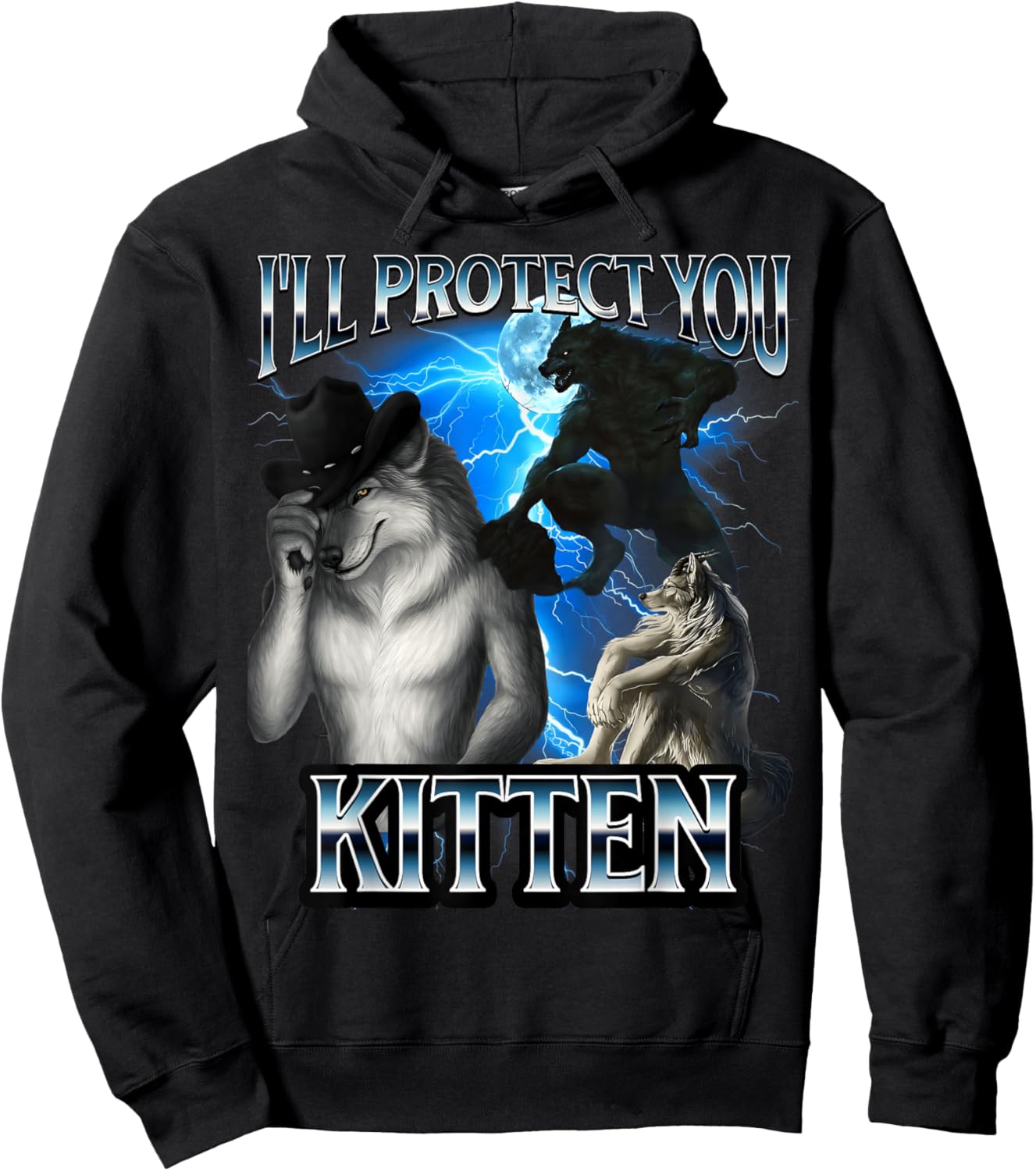 Funny Alpha Wolf Meme I'll Protect You Kitten Bootleg Hoodie - Hoodie | Black