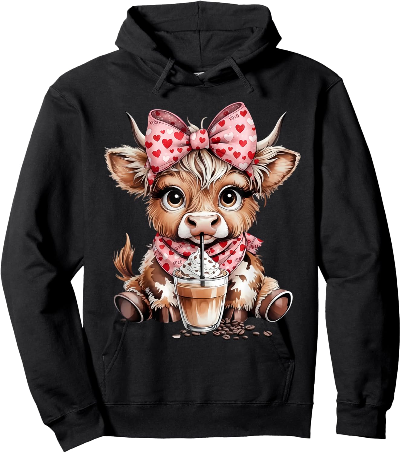 Valentine Highland Cow Cute Cow Drinking Coffee Girls Women Hoodie - Hoodie | Black