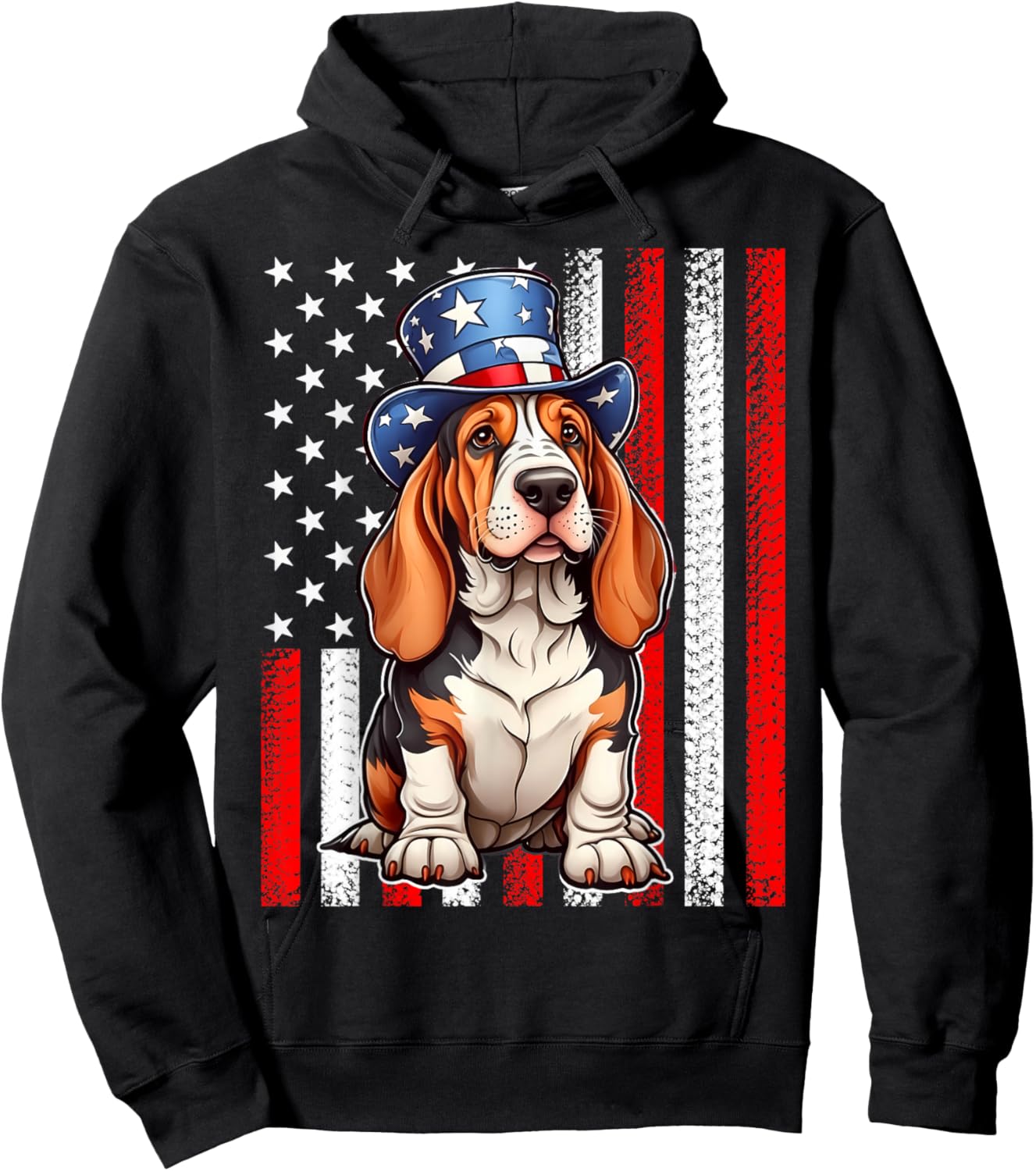 Pride Flag USA July 4 Patriotic Basset Hound Dog Lover Hoodie - Hoodie | Black