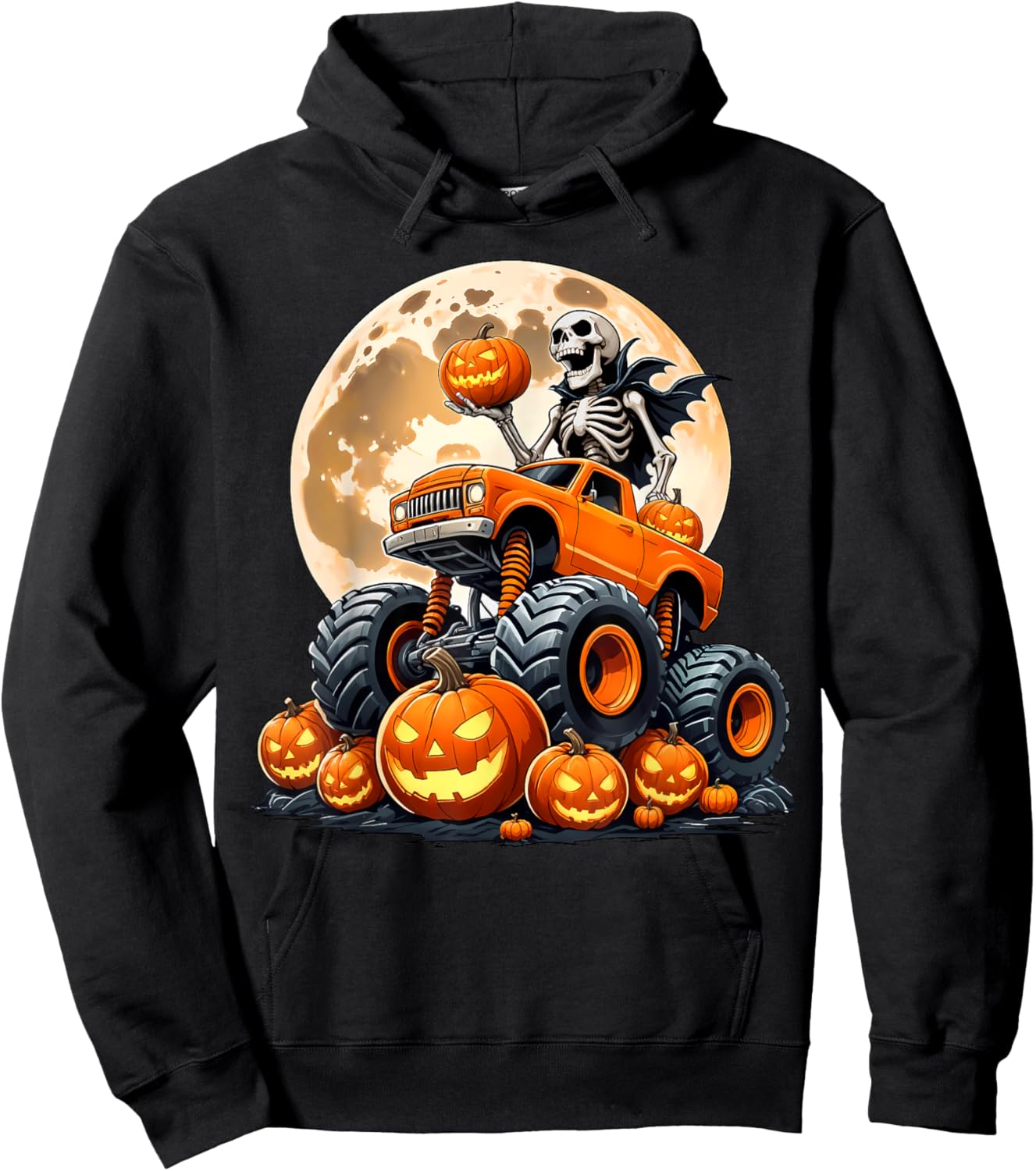 Skeleton Riding Monster Truck Halloween Pumpkin Kids Toddler Hoodie - Hoodie | Black