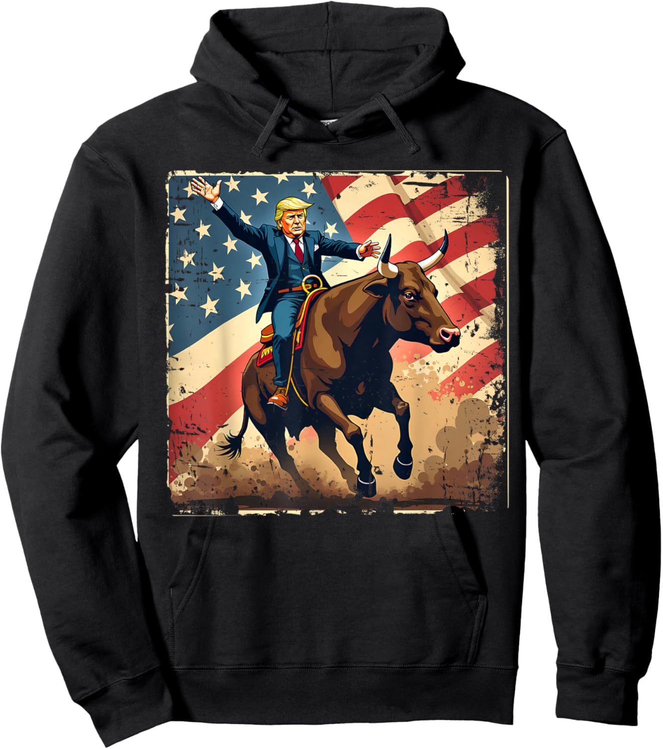 Trump Bull Rider American Flag USA Riding Rodeo Cowboy Hoodie - Hoodie | Black