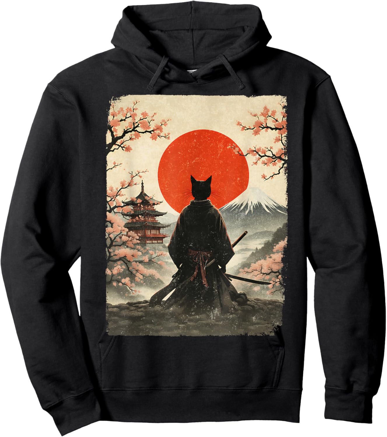 Samurai Cat Warrior Fuji Mount Vintage Japanese Art Graphic Hoodie - Hoodie | Black
