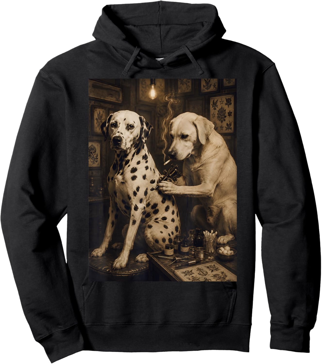 Vintage Dalmatian Dog Smoking Tattoo Artist Funny Meme Hoodie - Hoodie | Black