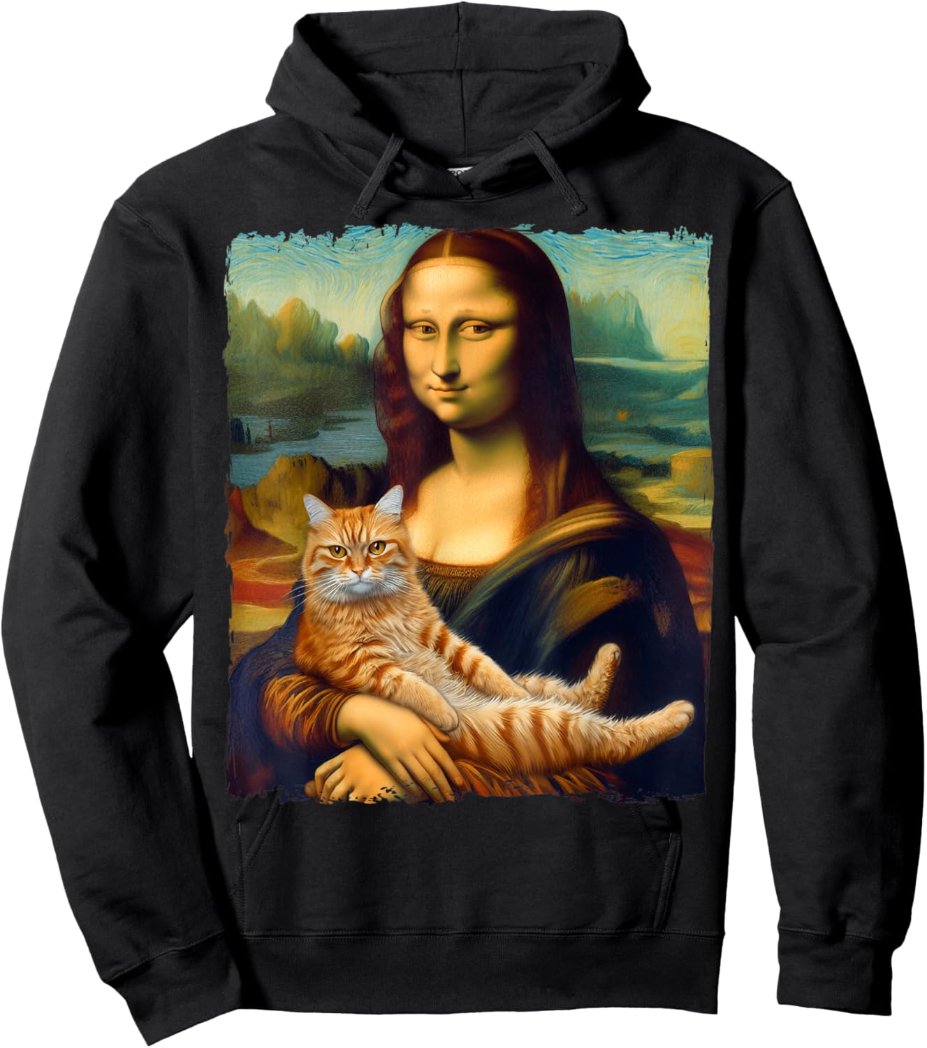 Mona Lisa Holding Cat Portrait Art Painting Kitty Cat Mom Men Women Kids Hoodie - Hoodie | Black