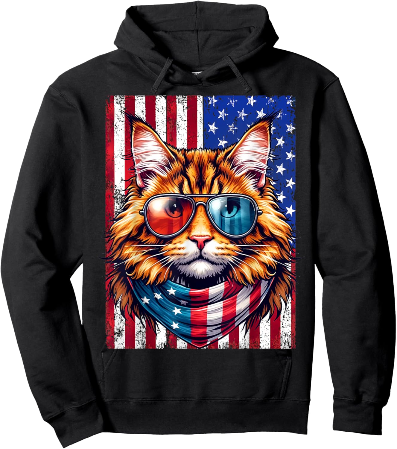 Maine Coon Wearing USA Flag Cat Lover Patriotic 4th of July Hoodie - Hoodie | Black