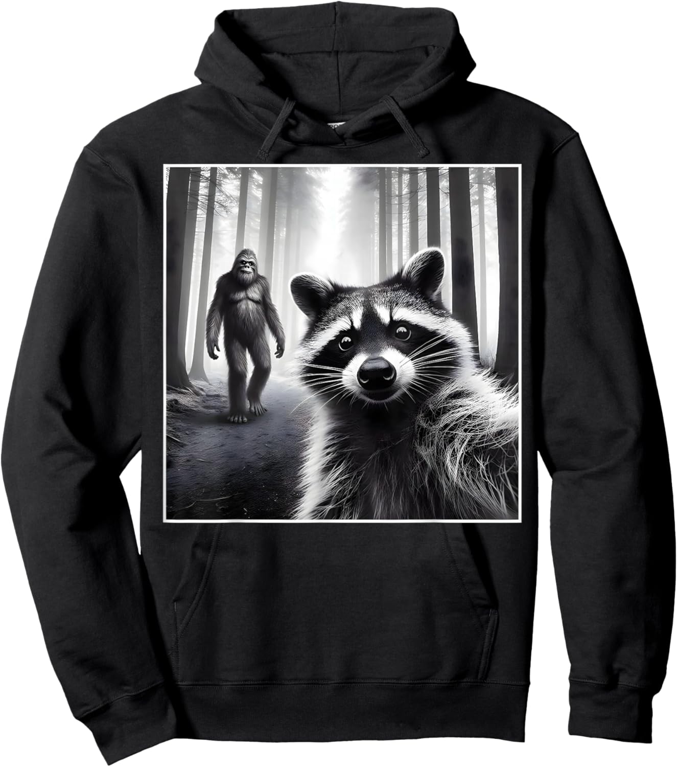 Scared Raccoon Selfie with Sasquatch Bigfoot Funny Raccoon Hoodie - Hoodie | Black