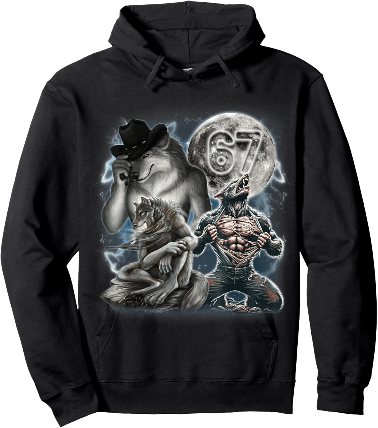 Vintage Alpha Wolf Howling at The Moon 67 Six Seven Meme Hoodie - Hoodie | Black