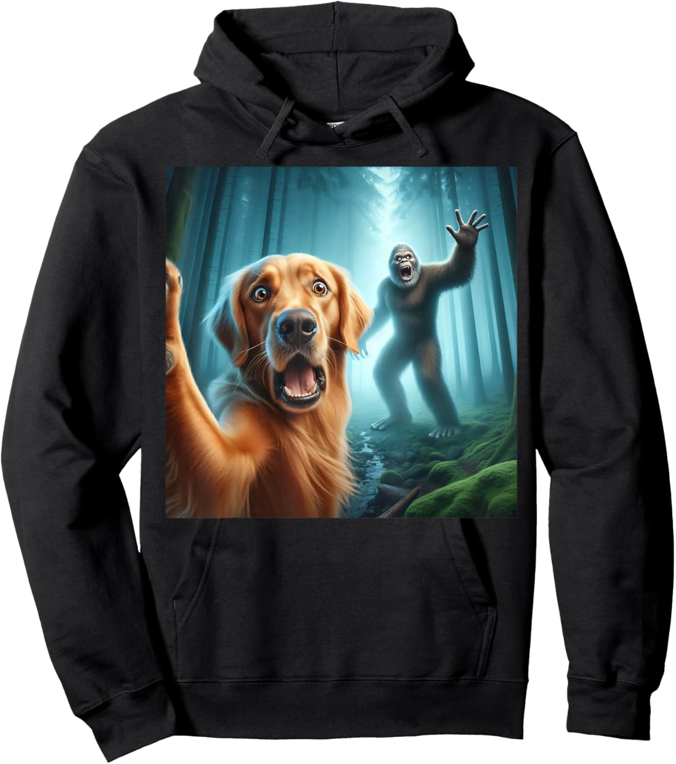 Golden retriever Selfie with bigfoot sasquatch Hoodie - Hoodie | Black