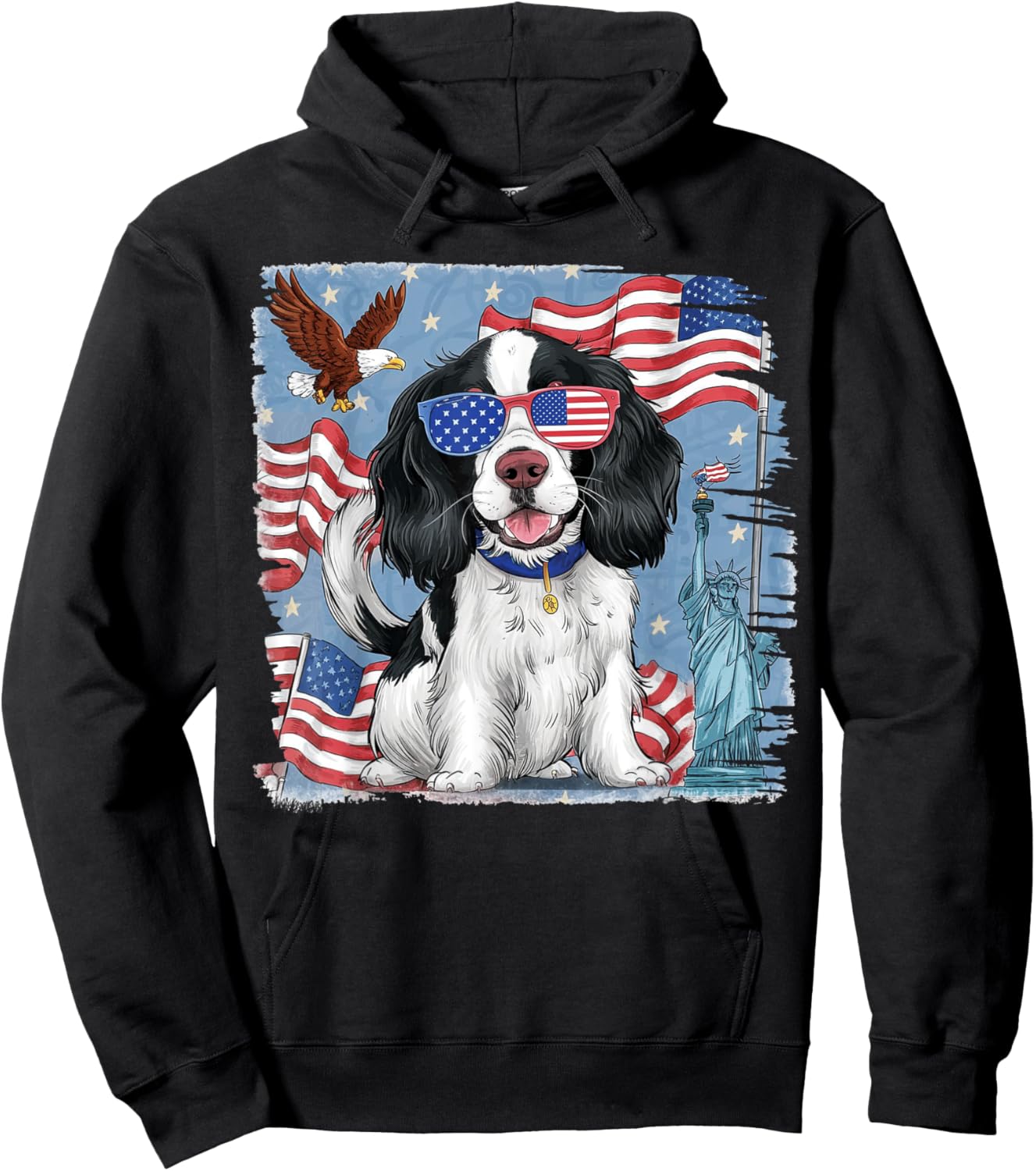 English Springer Spaniel Dog with American Flag 4th of July Women Kids Men Hoodie - Hoodie | Black