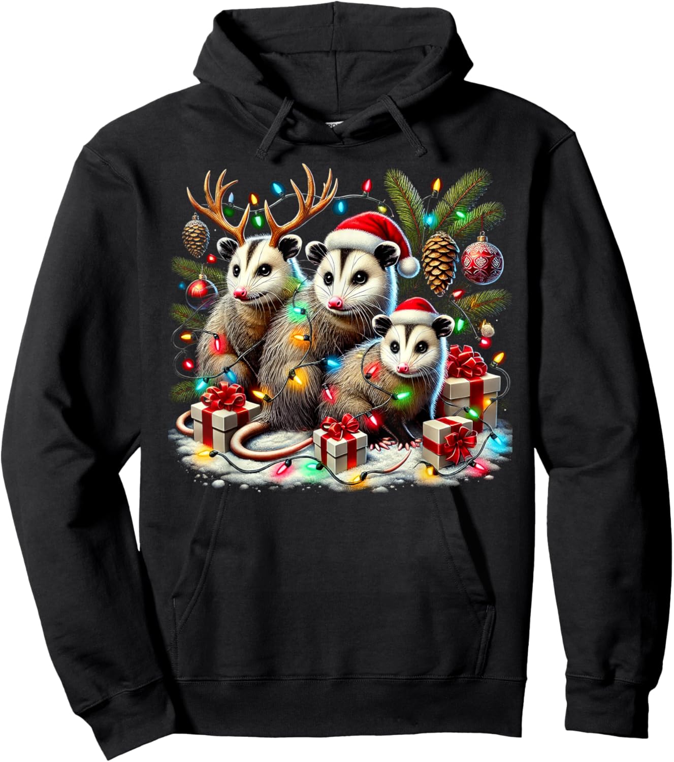 Hilarious Opossums in Christmas Lights Holiday Possum Spirit Hoodie - Hoodie | Black