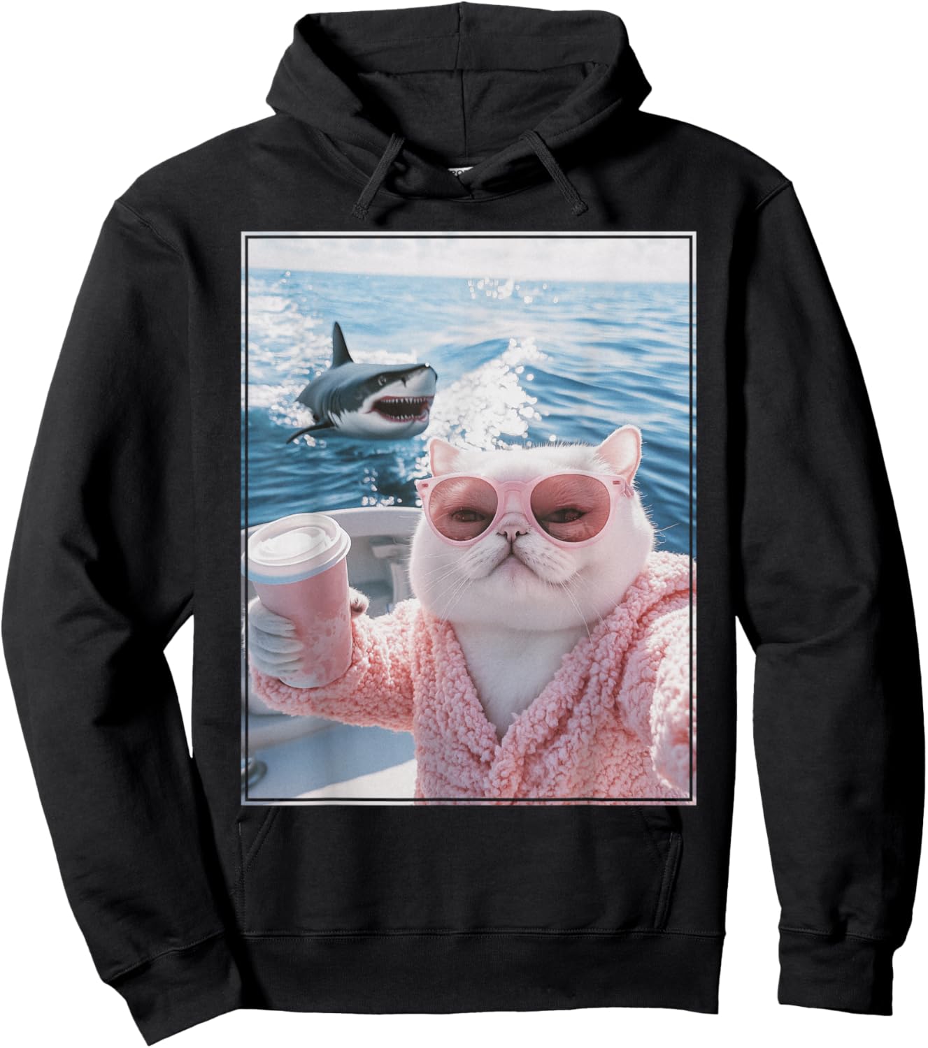 Fat Cat on a Yacht Boat with Shark Cool Funny Cat Meme Hoodie - Hoodie | Black