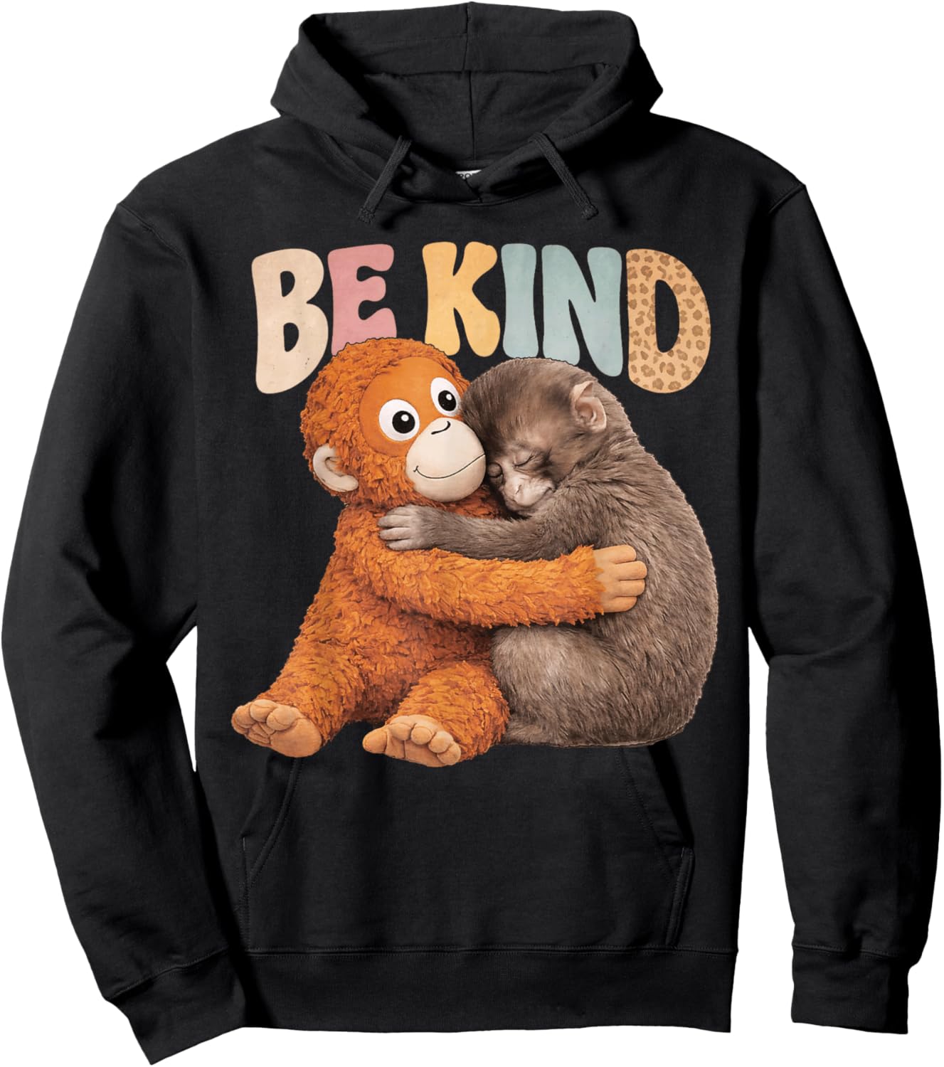 Be Kind Cute Baby Monkey Hugging Plush Adorable Hoodie - Hoodie | Black