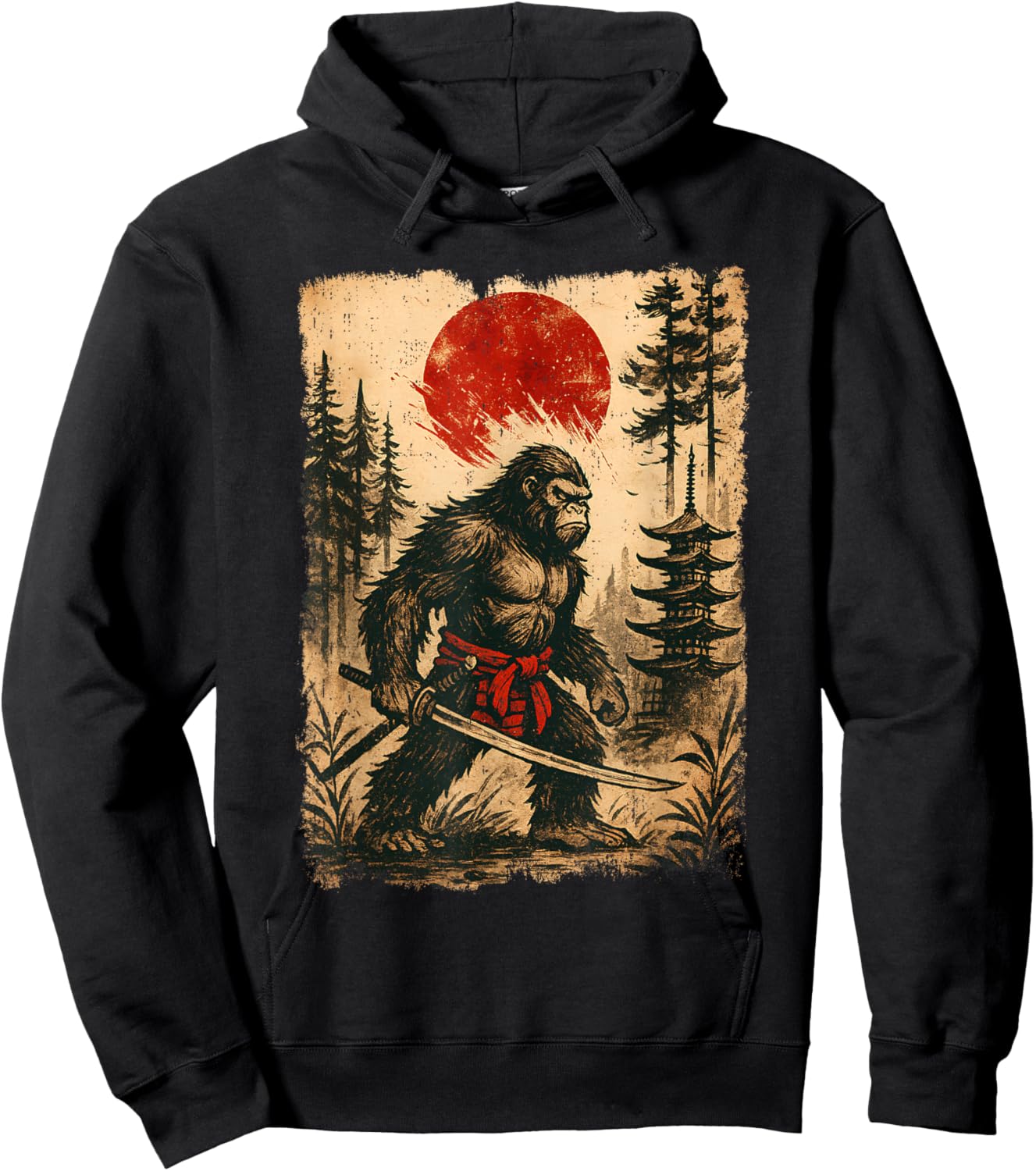 Funny Samurai Bigfoot Japanese Vintage Sasquatch Ukiyo-e Hoodie - Hoodie | Black