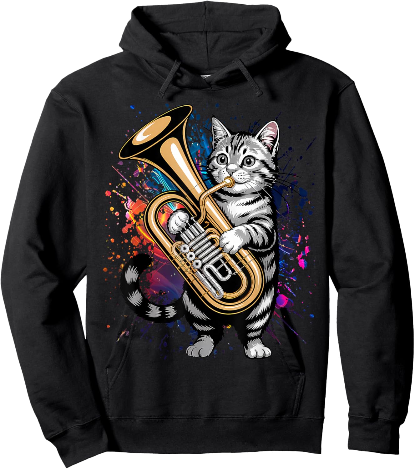 Cat Playing Marching Band Tuba Player Musician Hoodie - Hoodie | Black