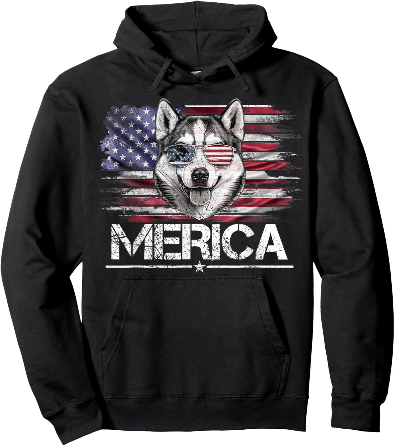 Vintage Husky Dog, Merica Husky Dog USA Flag Funny Kids Men Hoodie - Hoodie | Black