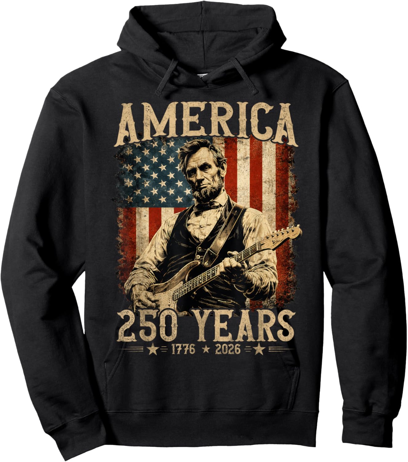 Abraham Lincoln Playing Guitar Rock and Roll American Flag Hoodie - Hoodie | Black