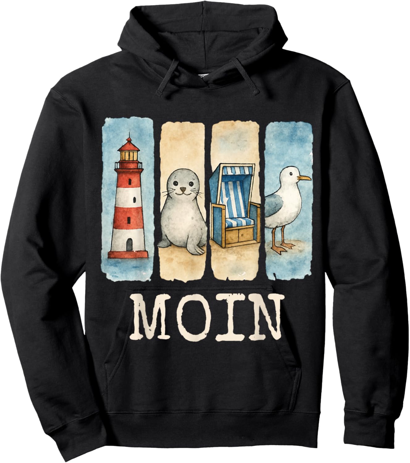 Moin Lighthouse Seal Beach Chair Seagull Hoodie - Hoodie | Black