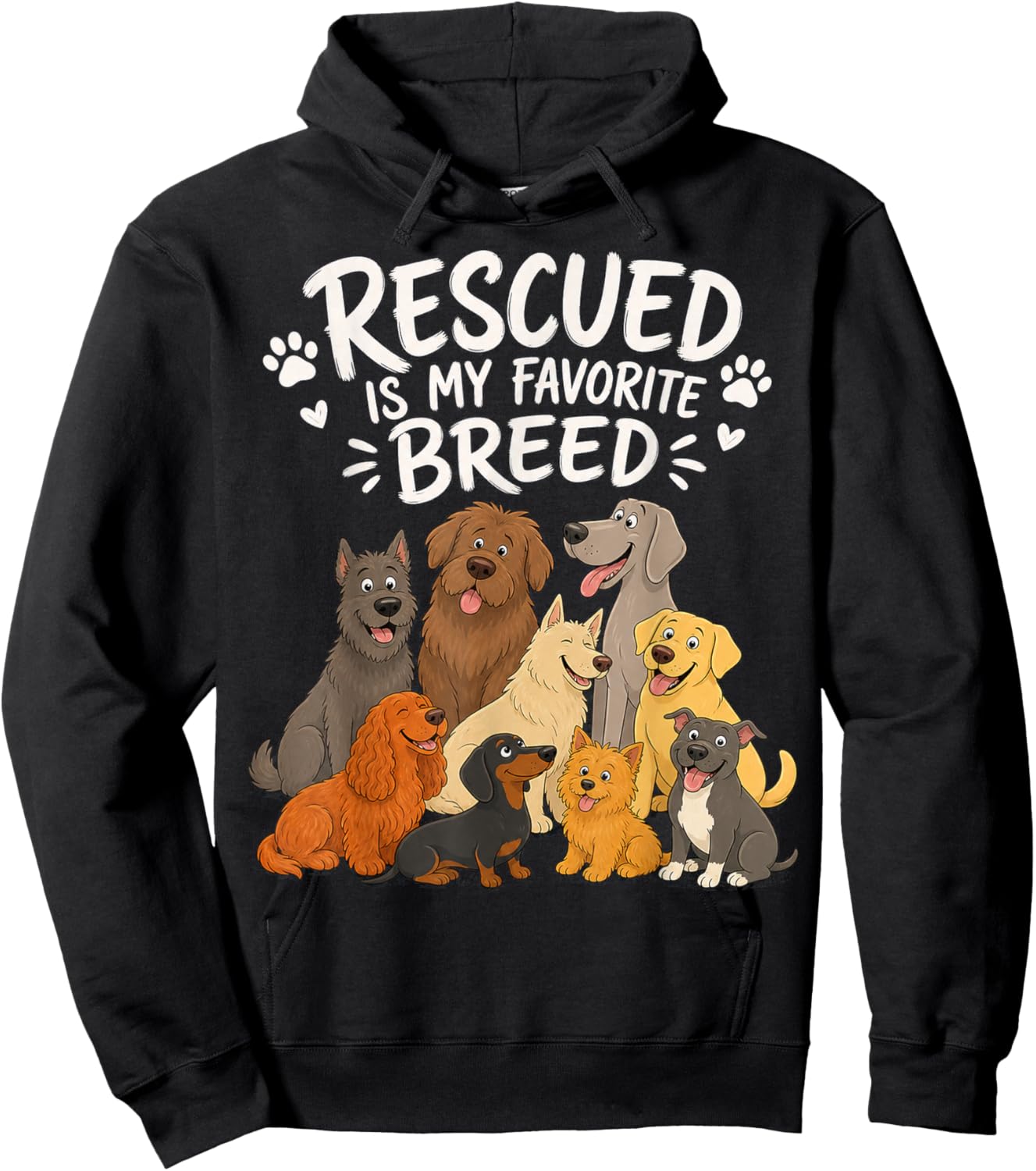 Playful Cartoon Dogs with Rescued is My Favorite Breed Hoodie - Hoodie | Black