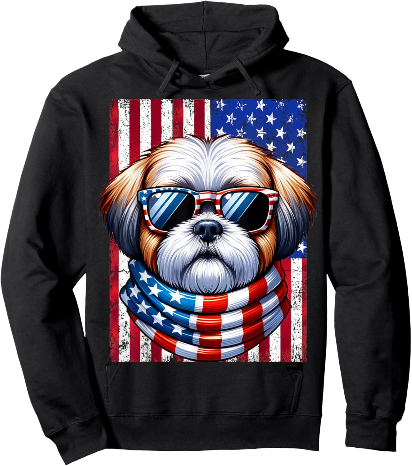 Shih Tzu Wearing American Flag 4th of July Patriotic Dog Hoodie - Hoodie | Black