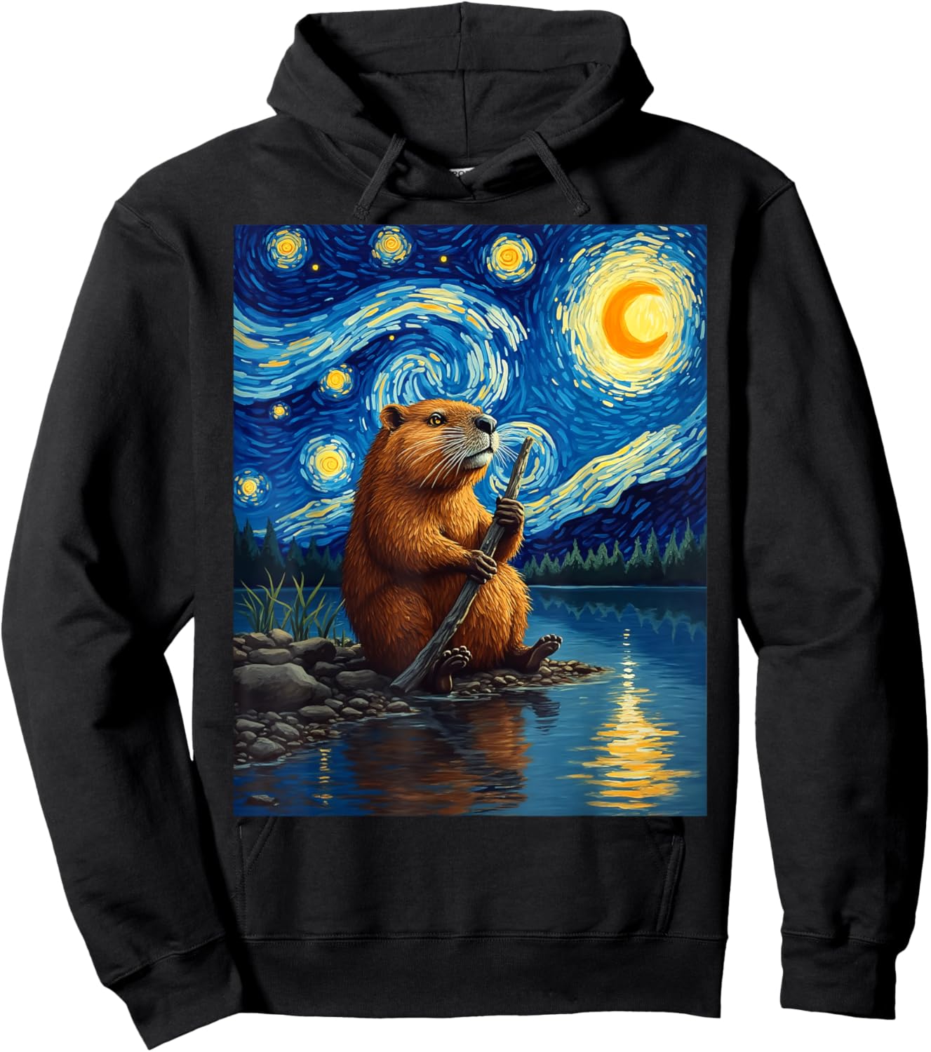Van Gogh's Starry Night Beaver River Wildlife Art Hoodie - Hoodie | Black