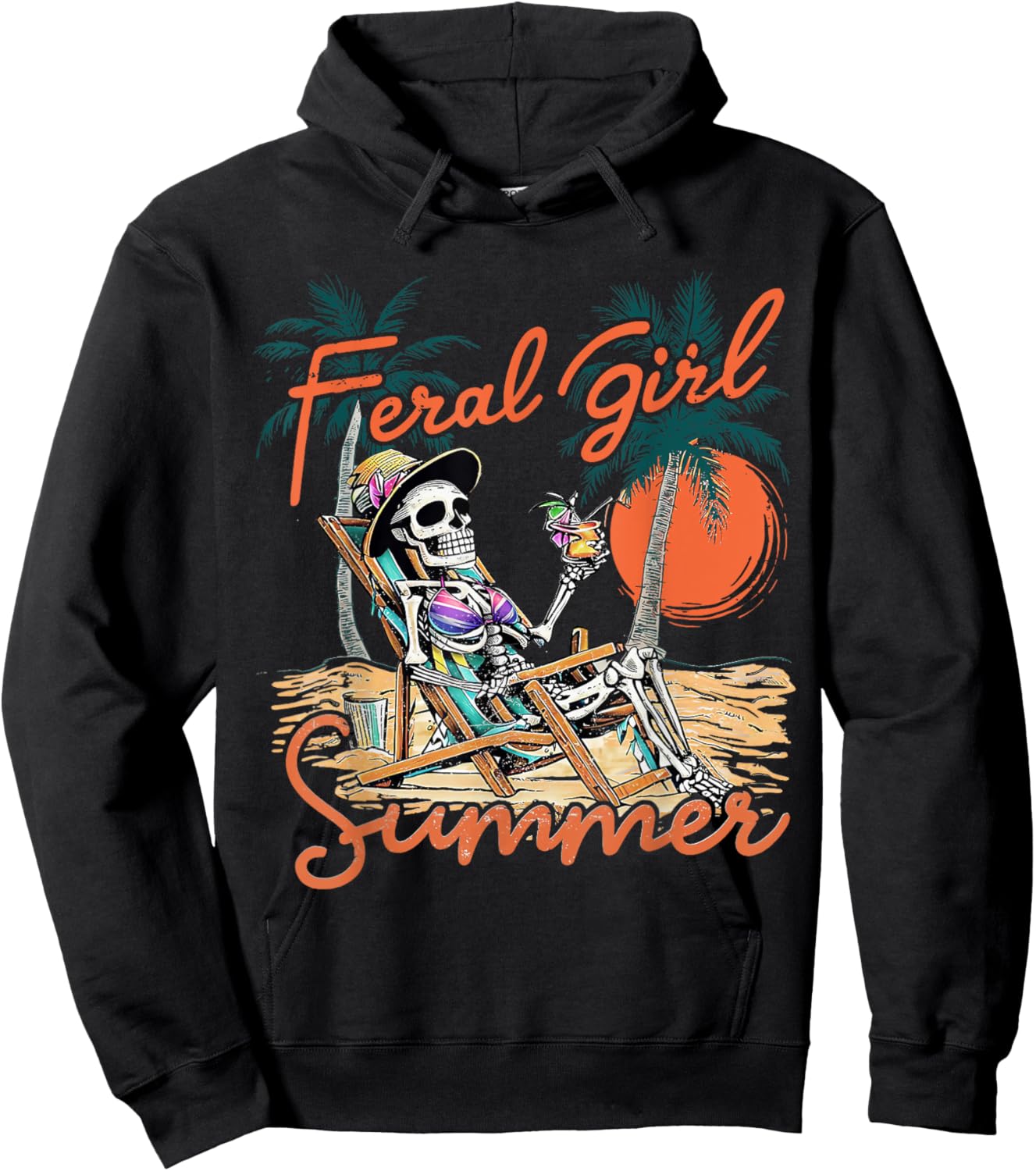 Feral Girl Summer Funny Meme Skeleton Hawaii Beach Vacation Hoodie - Hoodie | Black